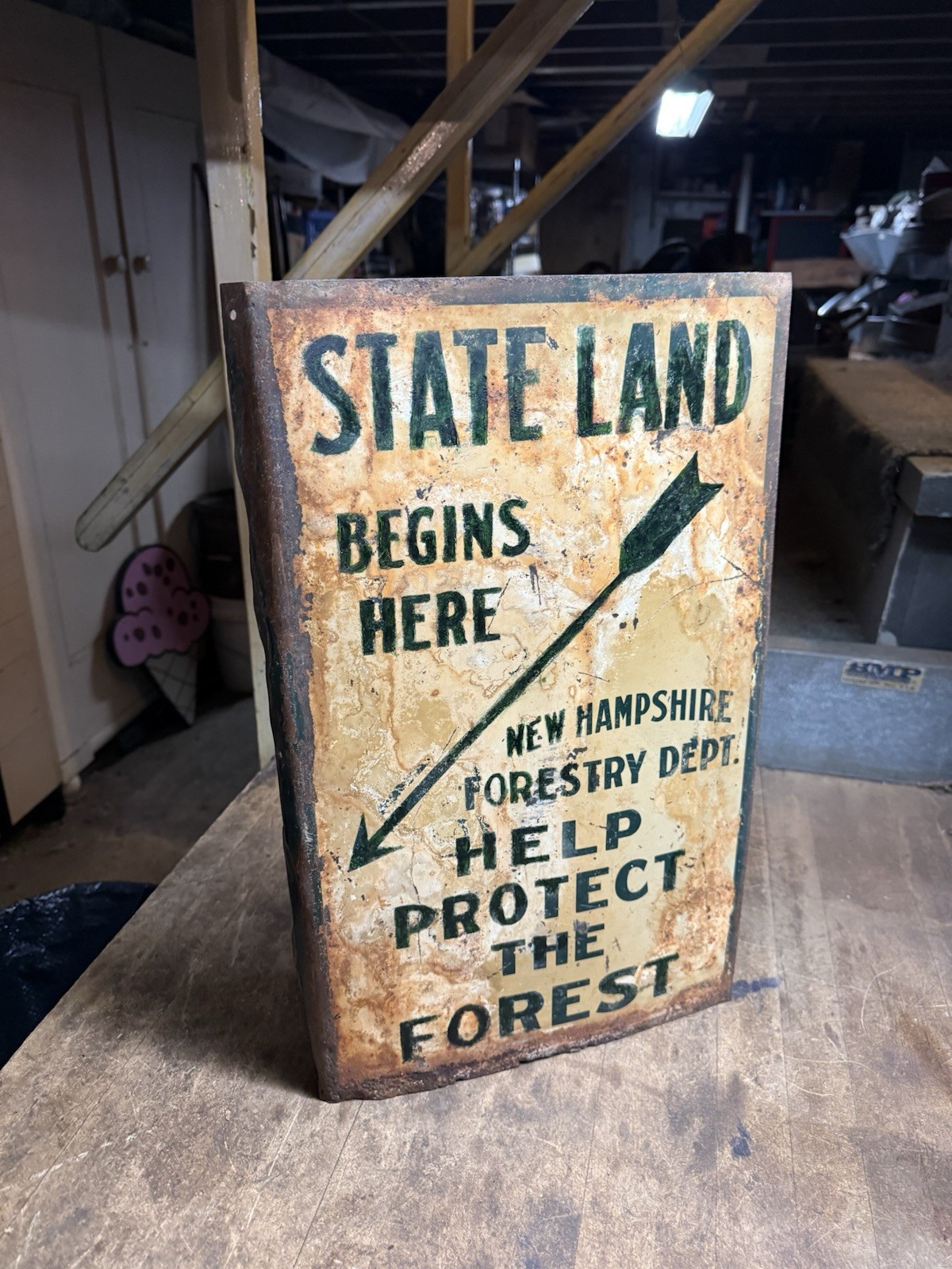 Antique Rare State Land Begins Here New Hampshire Forestry Dept Flange Sign NH