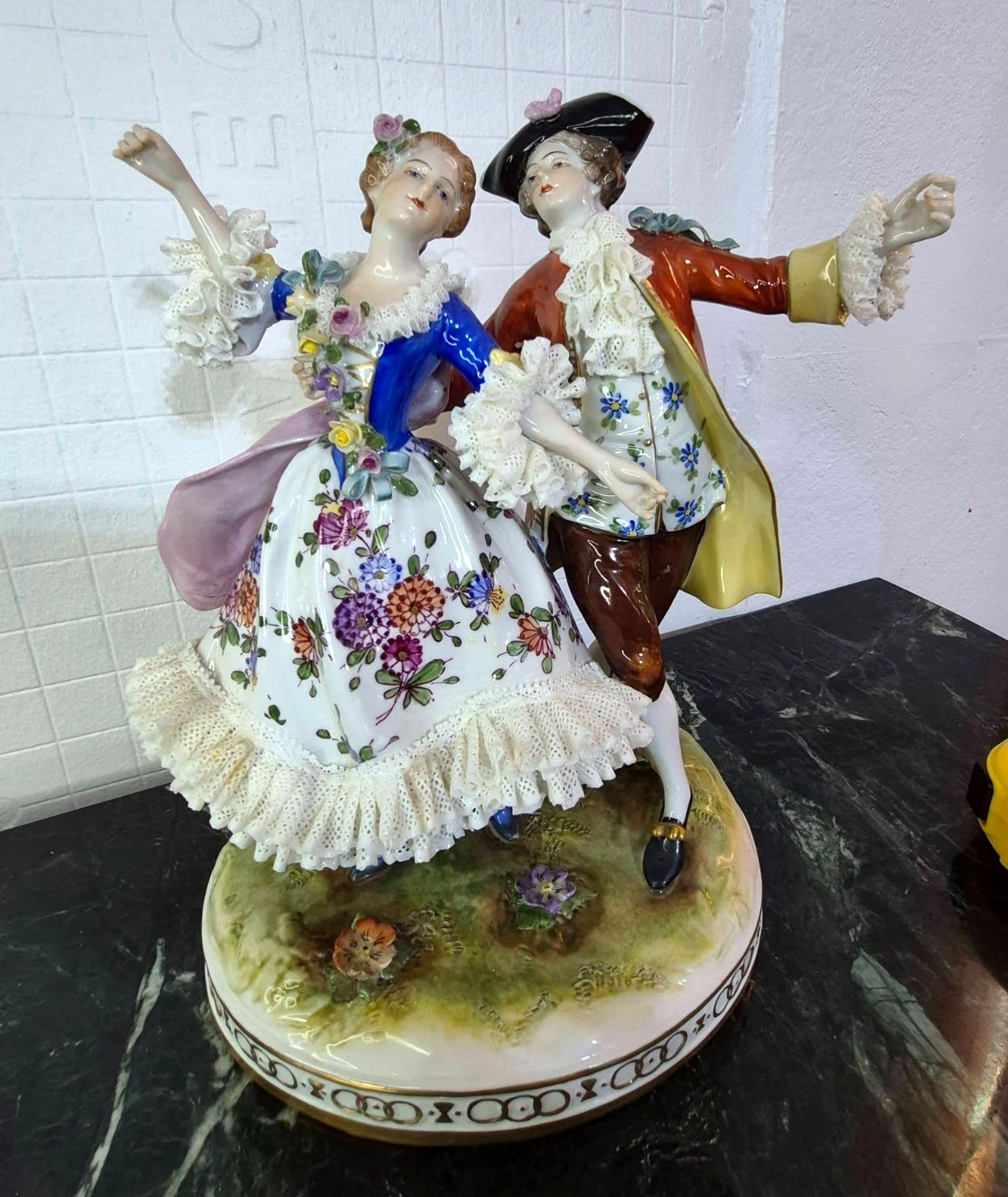 Antique German Volksteadt porcelain lace figurine, dancers, 9\