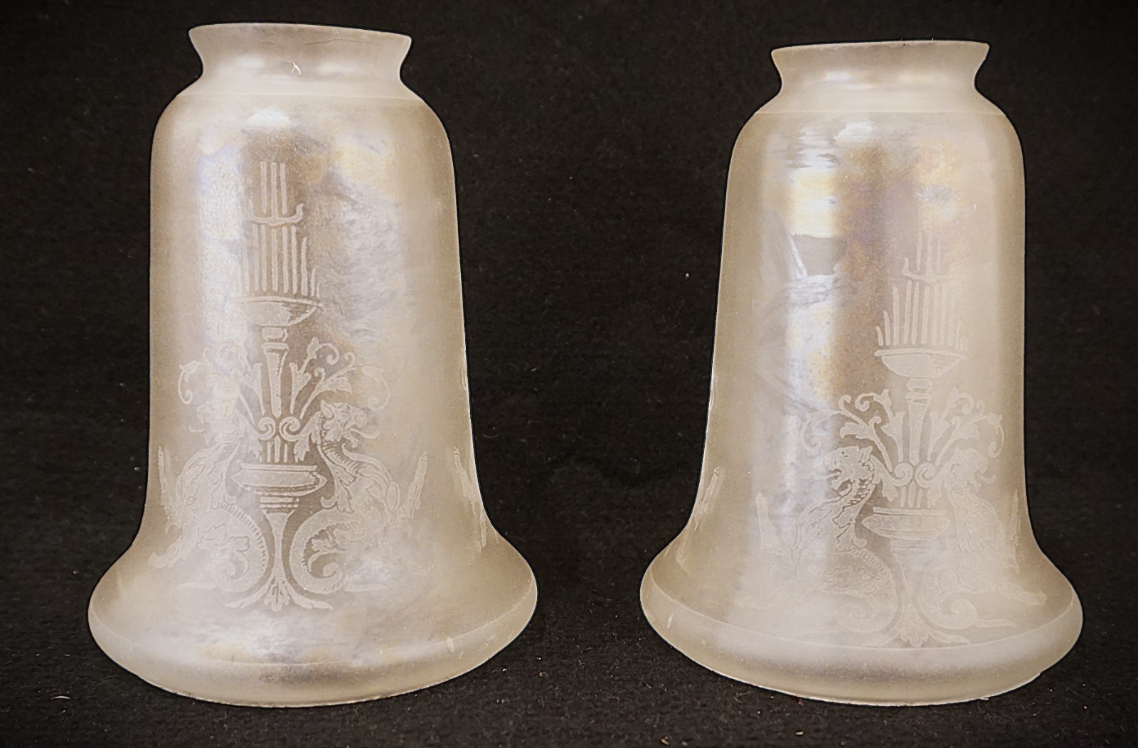 Antique Pair of Iridescent Frosted Etched Glass Pendant Hanging Light Shades