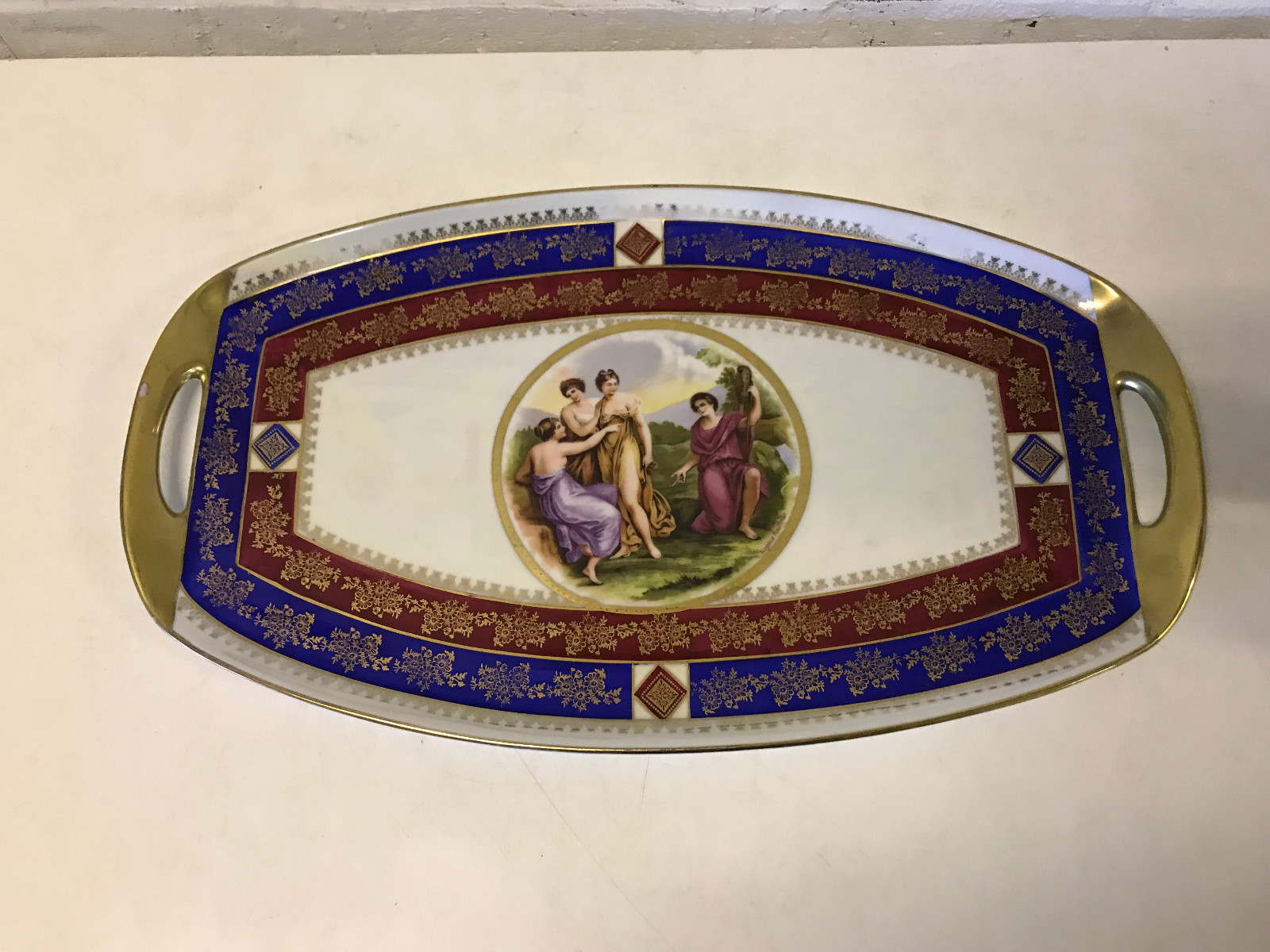 Ant. Royal Vienna Style Porcelain Tray Handled Vanity Platter Angelica Kauffman