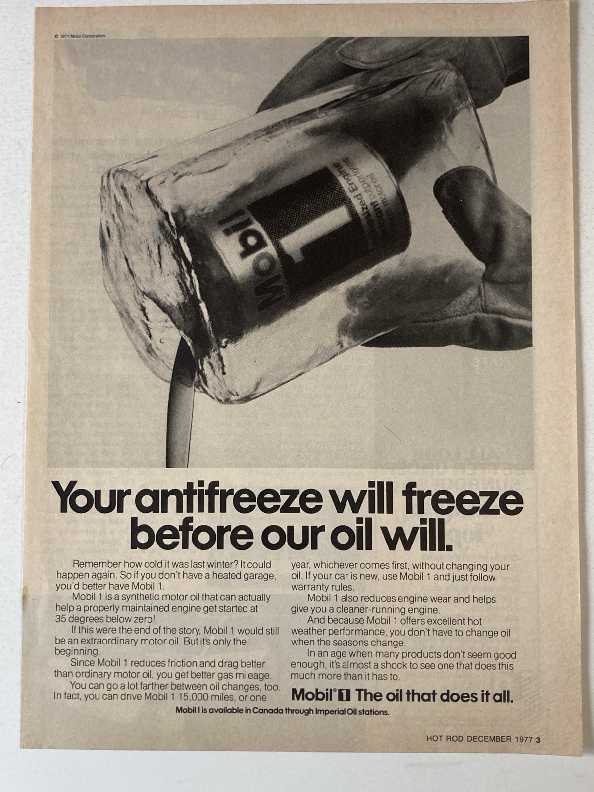 1977 Mobil 1 Motor Oil Print Ad Antifreeze Will Freeze Before Our Oil Will 1977 Mobil 1 Motor Oil Print Ad Antifreeze Will Freeze Before Our Oil Will