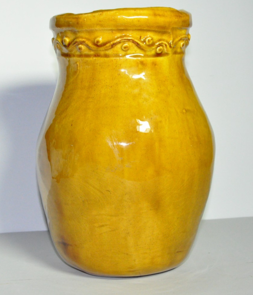 Handmade Mustard Yellow Glazed Pottery Vase Crock Raised Wave Dot Farmhouse