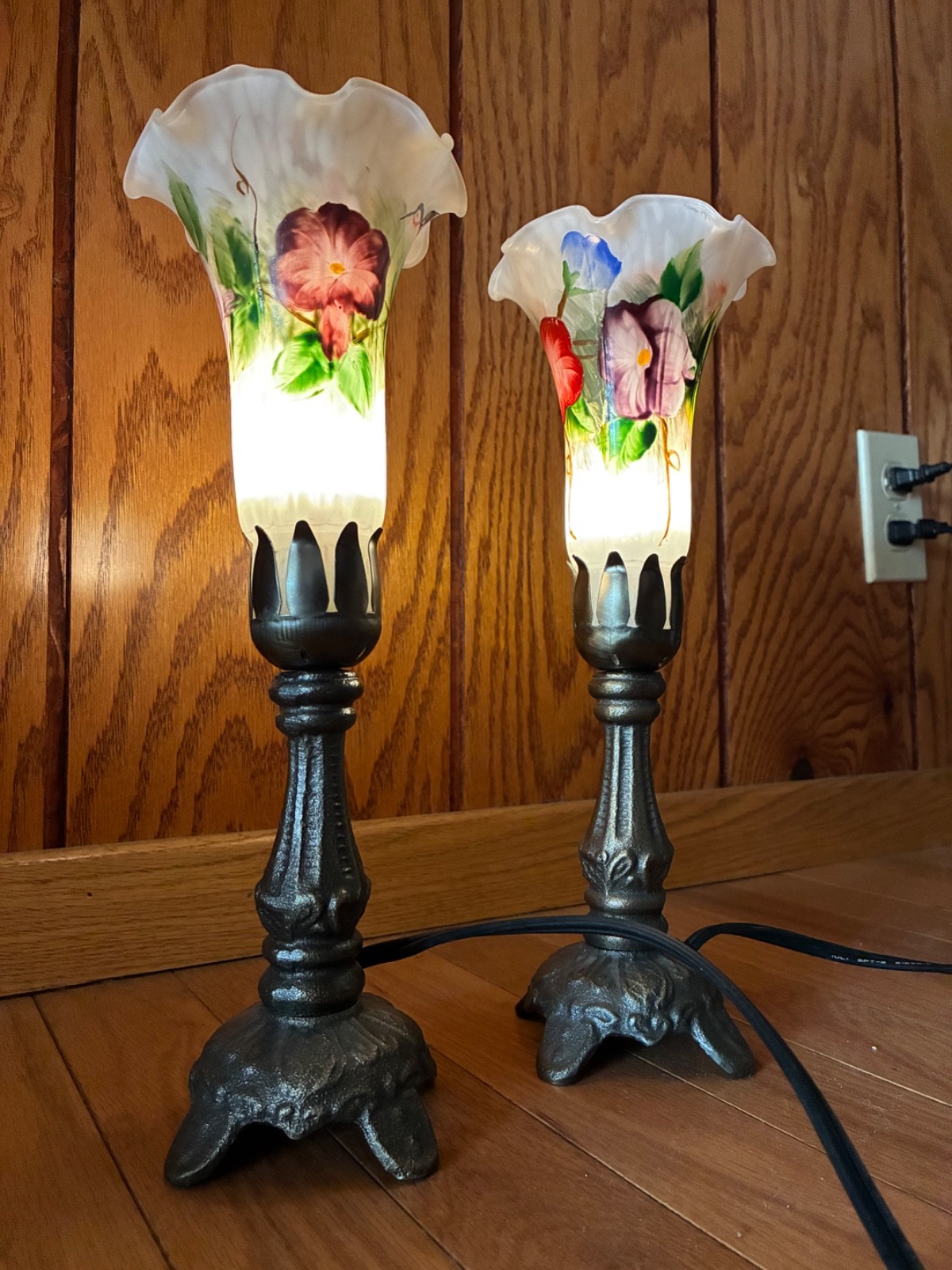 Vintage style Table Lamps, hand painted Glass Tulip Shades with Cast Iron base