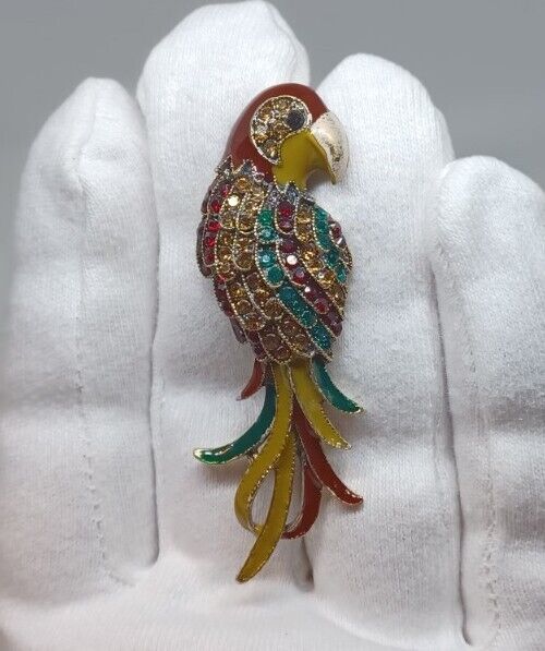 Sitting Colorful Parrot Bird Rhinestone Goldtone Brooch Pin