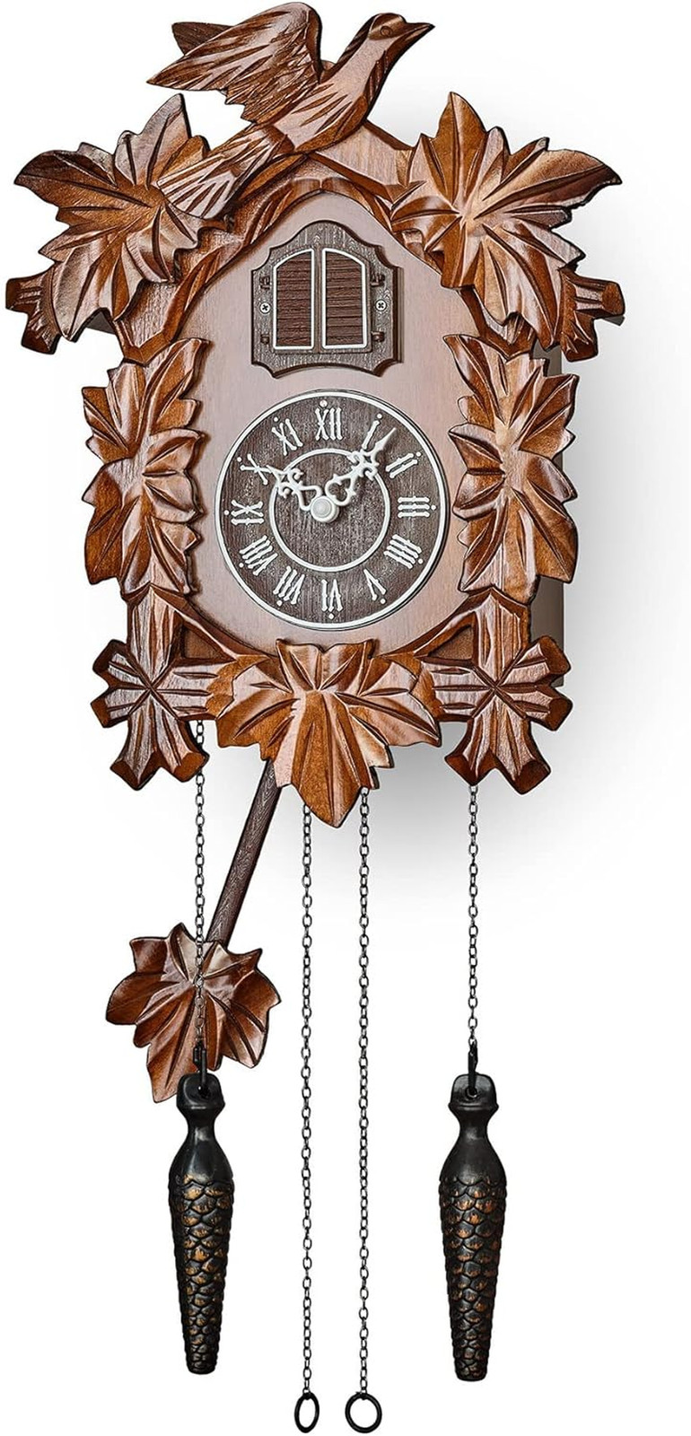 Elegant Hand-Carved Cuckoo Clock with Night Mode & Swinging Pendulum - Brown