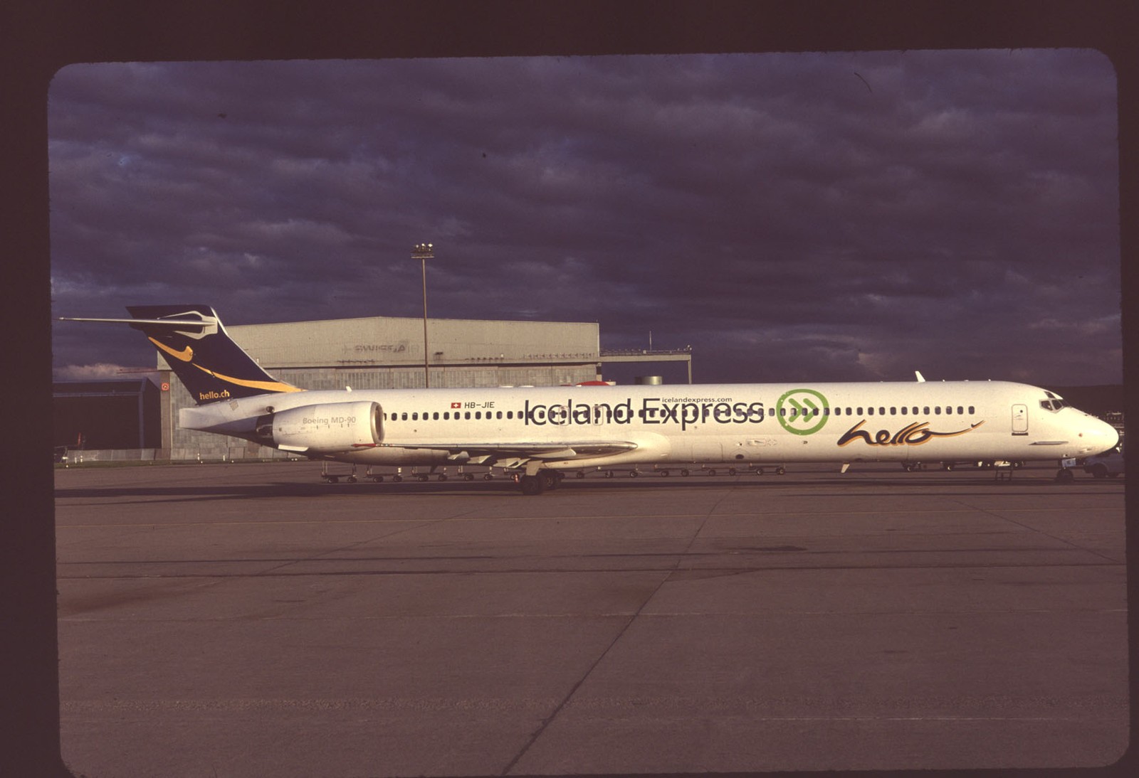 Orig 35mm airline slide Iceland Express Hello Air MD-90-30 HB-JIE