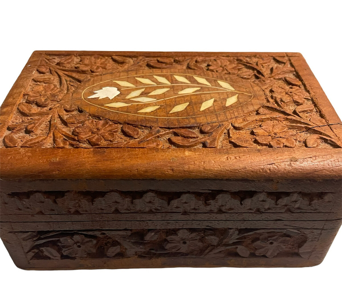 Inlaid Wood Carved Vintage Ornate Wooden Hinged Lid Trinket Jewelry Box