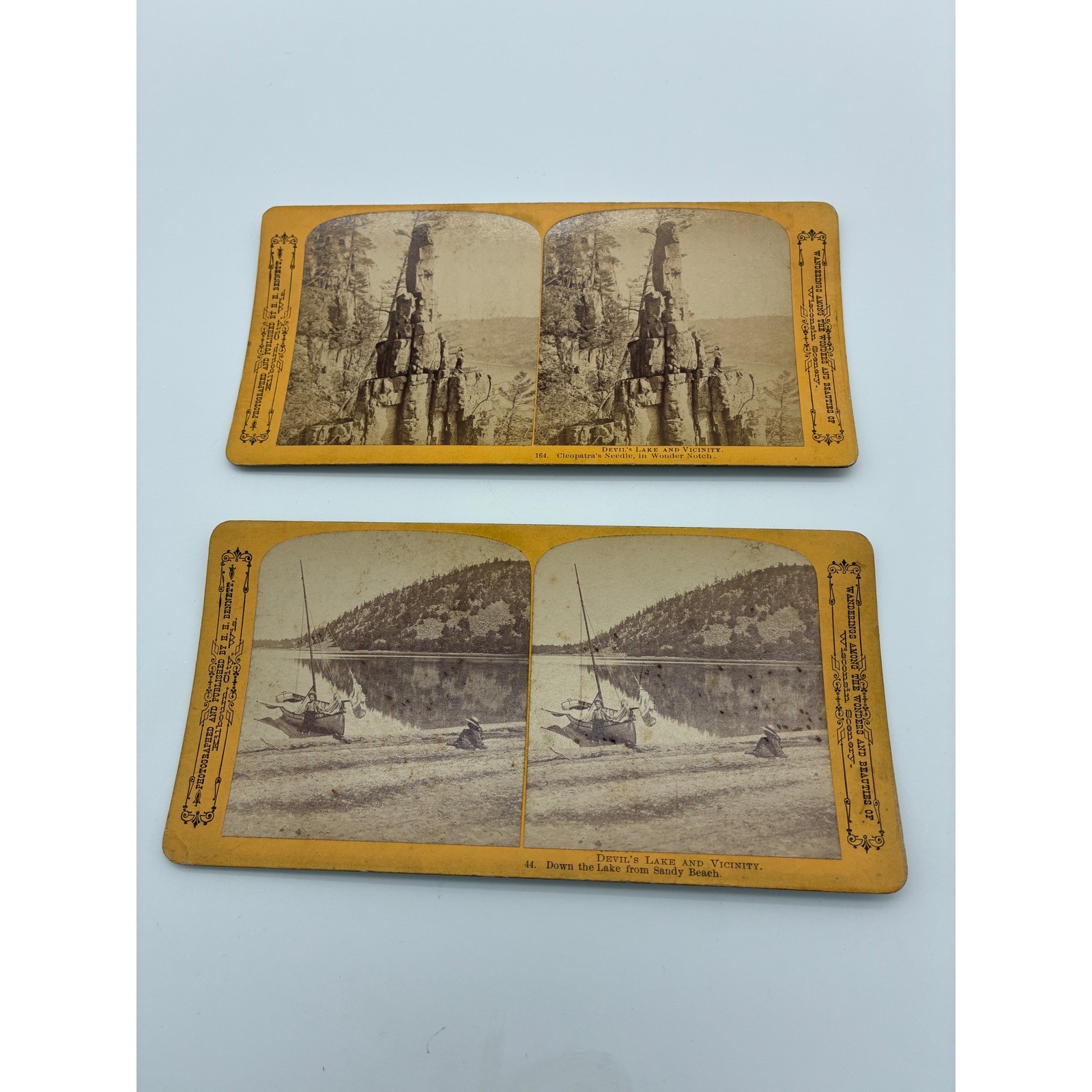 2 H.H. Bennett Stereoview Cards Devils Lake Wisconsin Cleopatra Needle