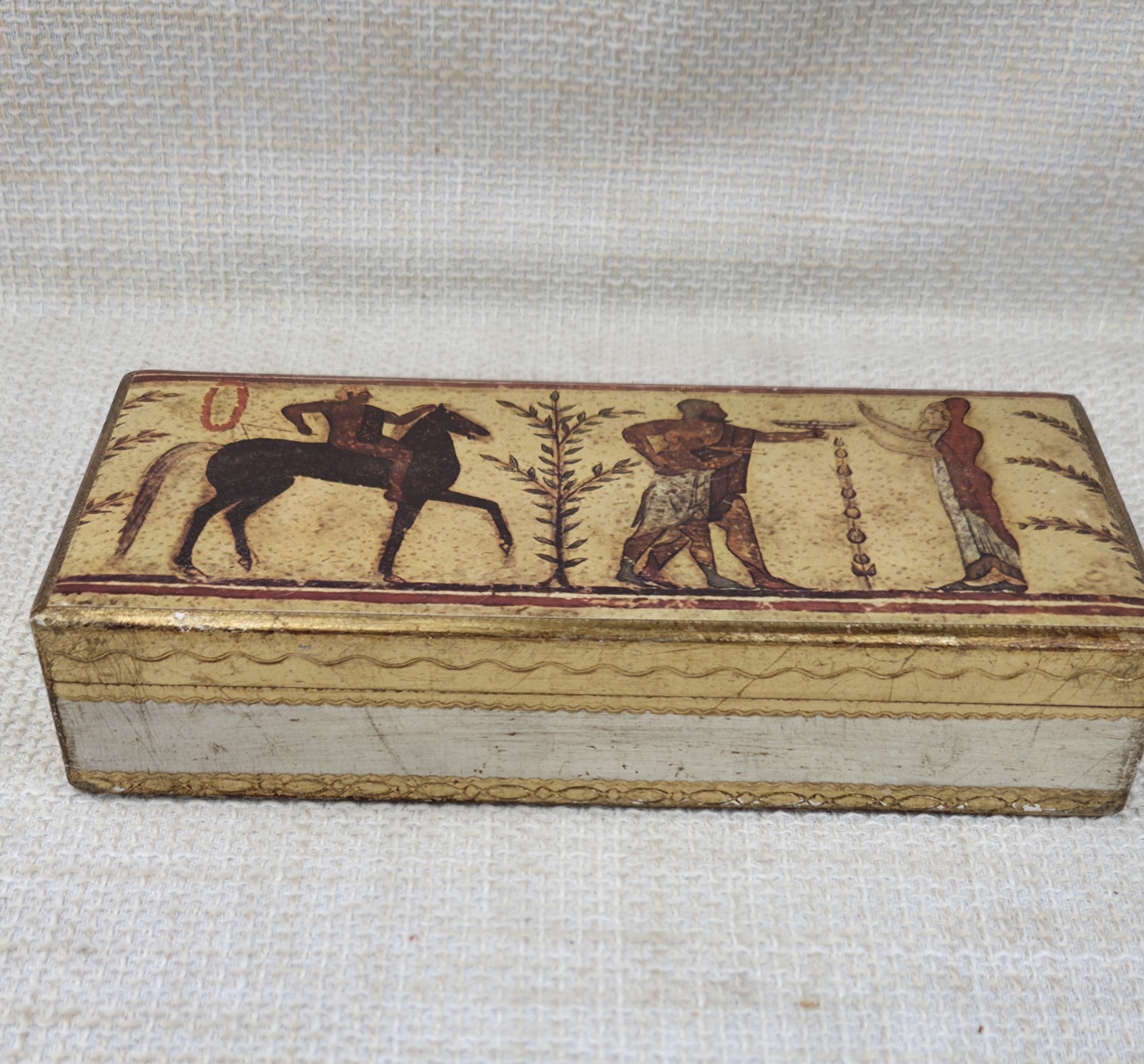 Vintage Italy Fratelli Alinari Gold Tone Etruscan Style Wood Jewelry Trinket Box