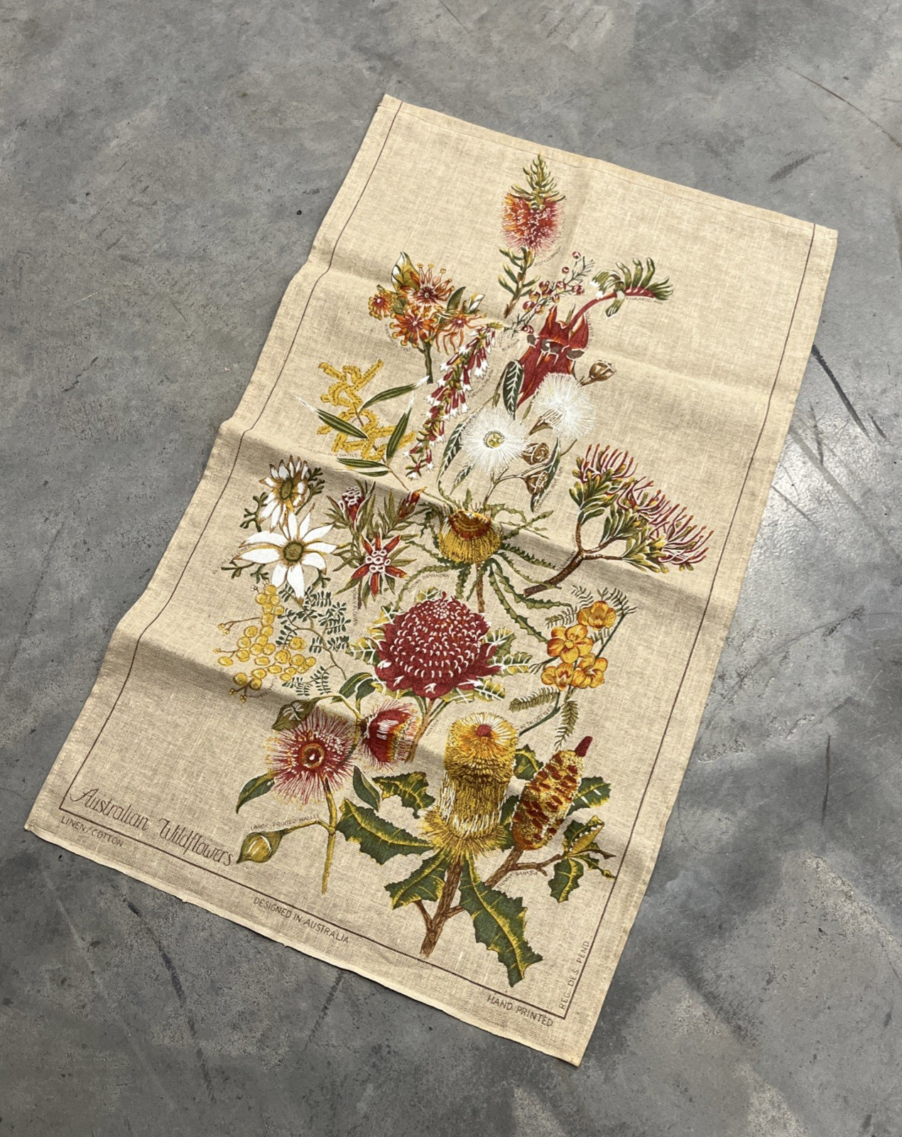 Vintage Australian Wildflowers Linen/Cotton Tea Towel •• Hand Printed ••