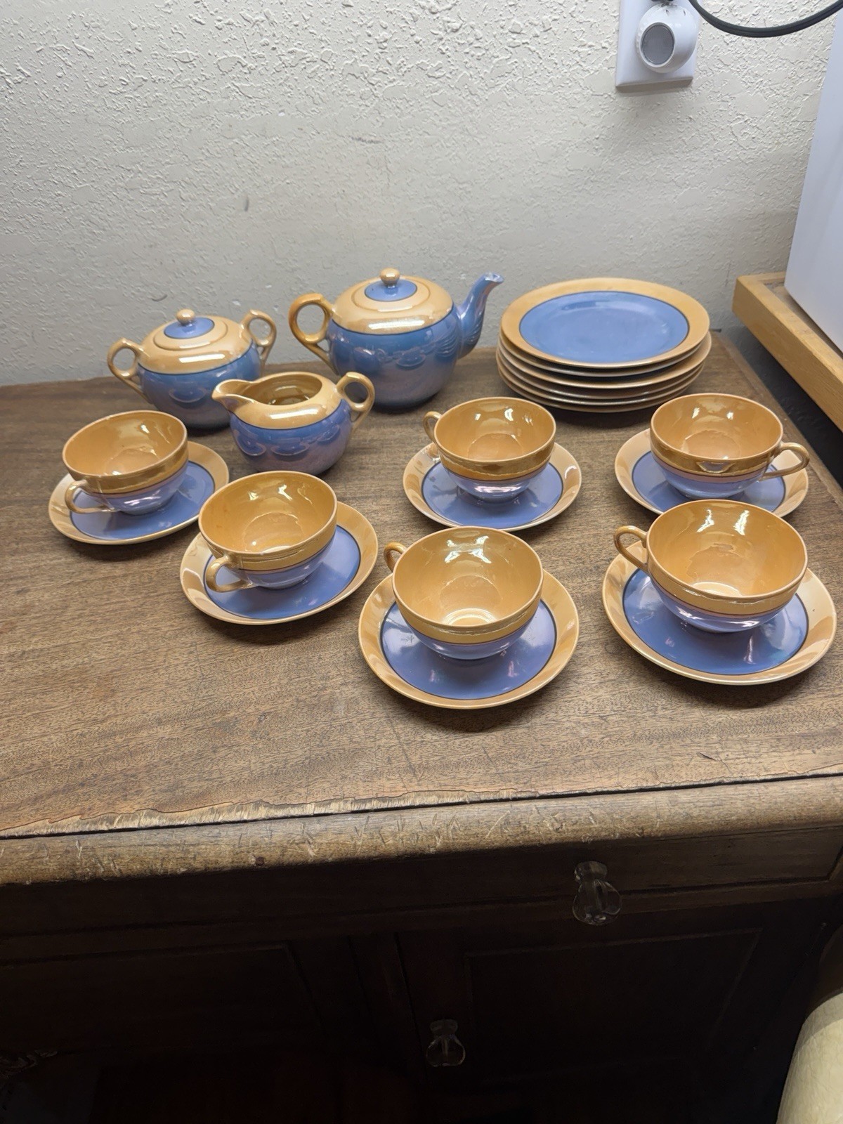 Vintage Tashiro Shoten Peach & Blue Lusterware Hand painted Tea Set ~Japan Vintage Tashiro Shoten Peach & Blue Lusterware Hand painted Tea Set ~Japan