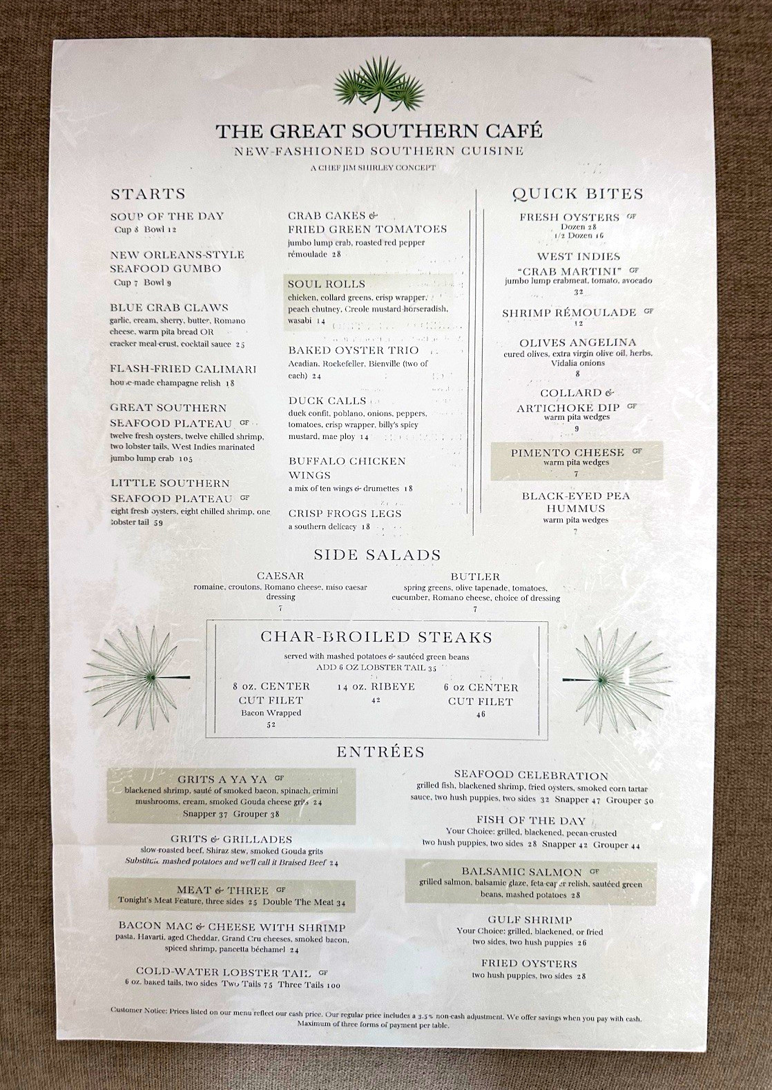 The Great Southern Cafe Menu Seaside Florida Jim Shirley 30A Restaurant Souvenir