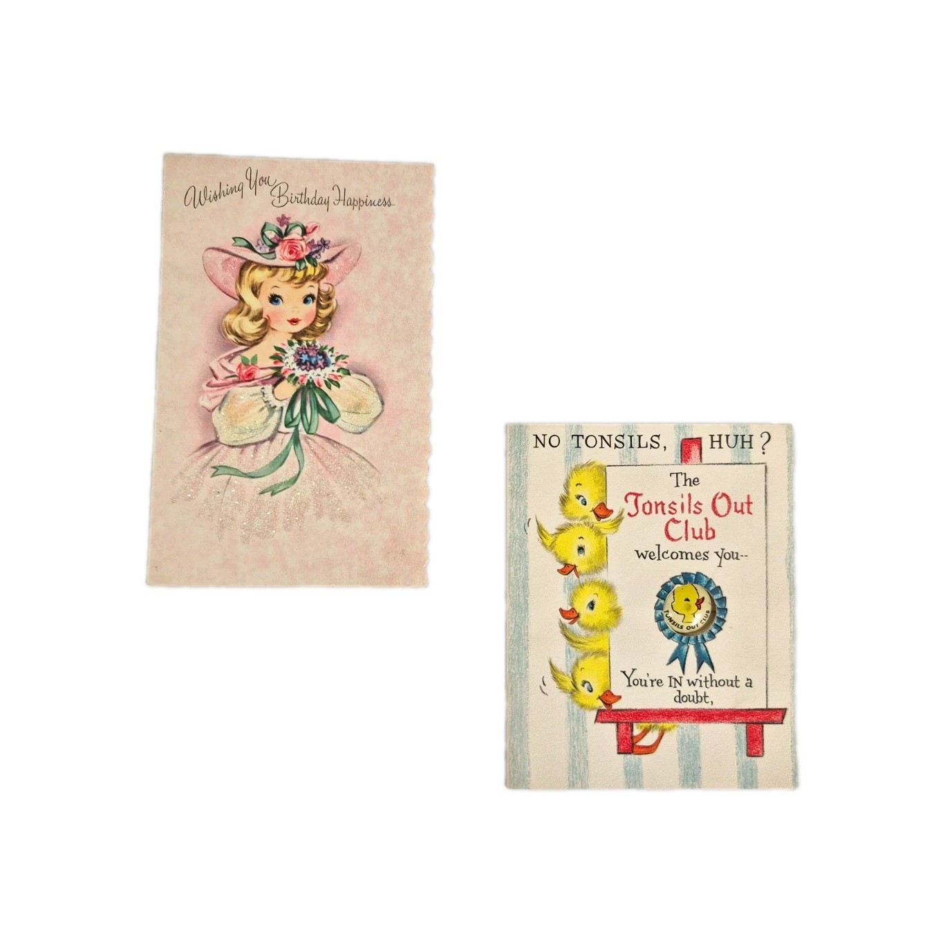 Vintage Lot of 2 Get Well & Birthday Girl Greeting Cards w/ Button Attachment