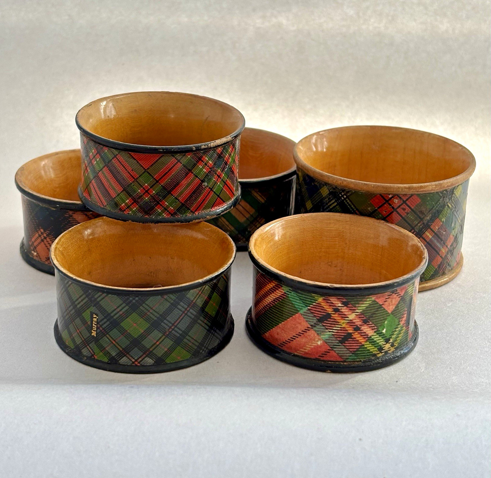 Antique Set of 6 Wood Tartanware Plaid Napkin Rings Late 1800s Scottish Souvenir Antique Set of 6 Wood Tartanware Plaid Napkin Rings Late 1800s Scottish Souvenir