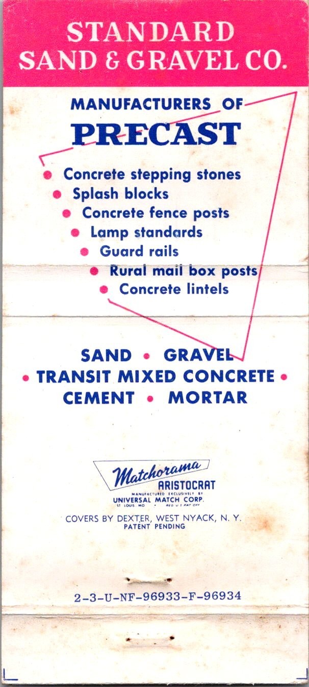 Standard Sand & Gravel Co Manufacturers Precast Vintage Matchbook Cover TMM16-7