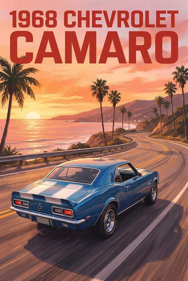 1968 Chevrolet Camaro Blue Car Sunset Repro Print Poster 13x19