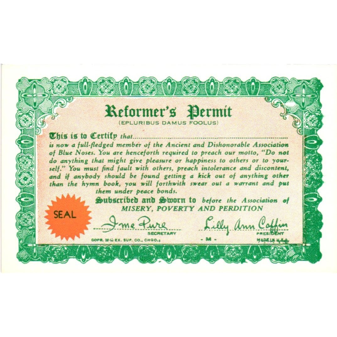 Vintage Reformer\'s Permit Novelty Gag Card Blue Noses Association Satire Chicago