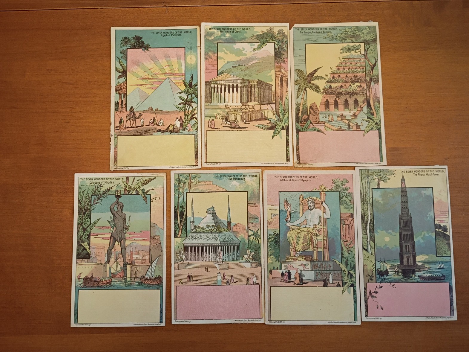 1881 SEVEN WONDERS OF THE WORLD 7 VICTORIAN trade cards BUFFORDS