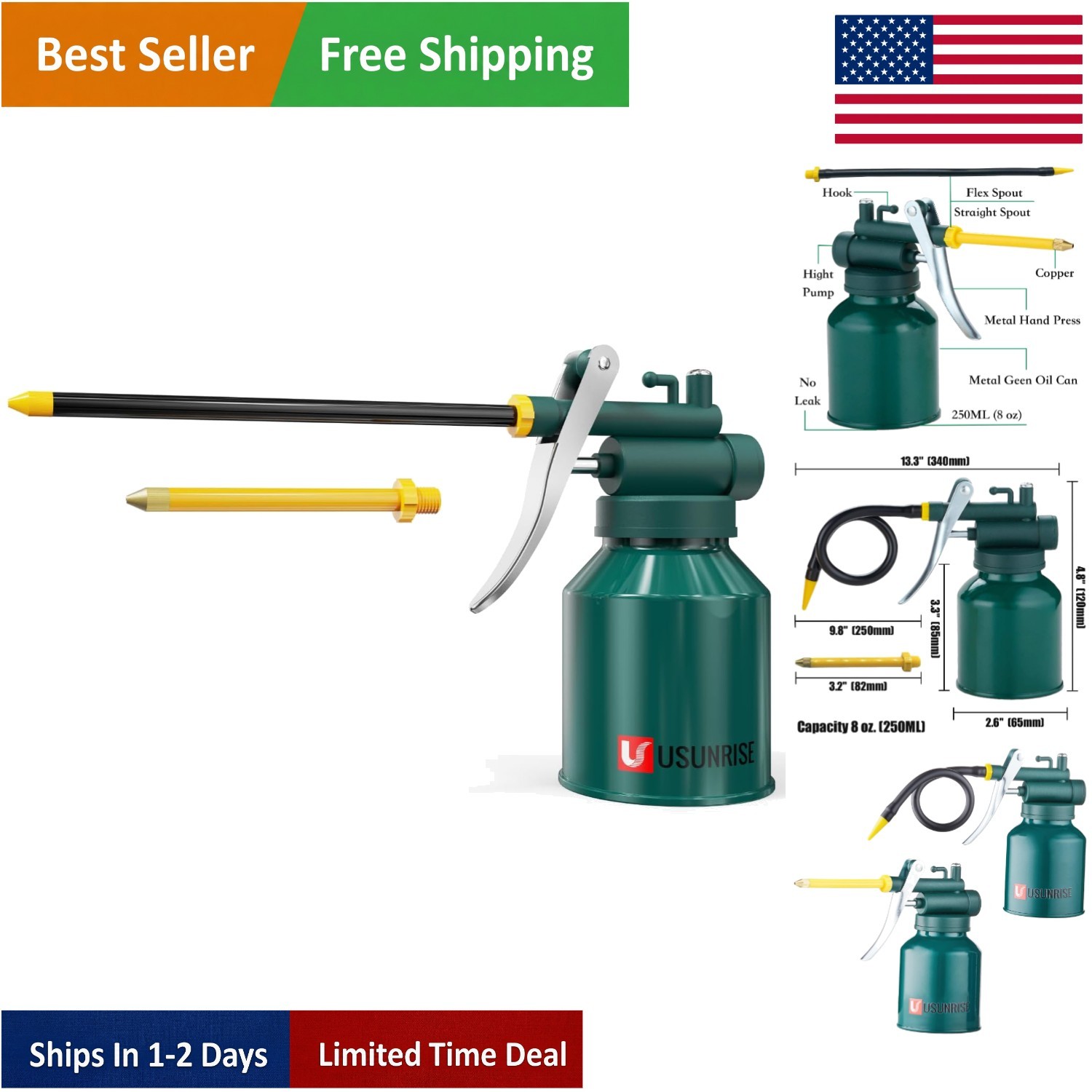 Versatile 8oz Oil Squirt Can with Straight and Flexible Spouts for Mechanics