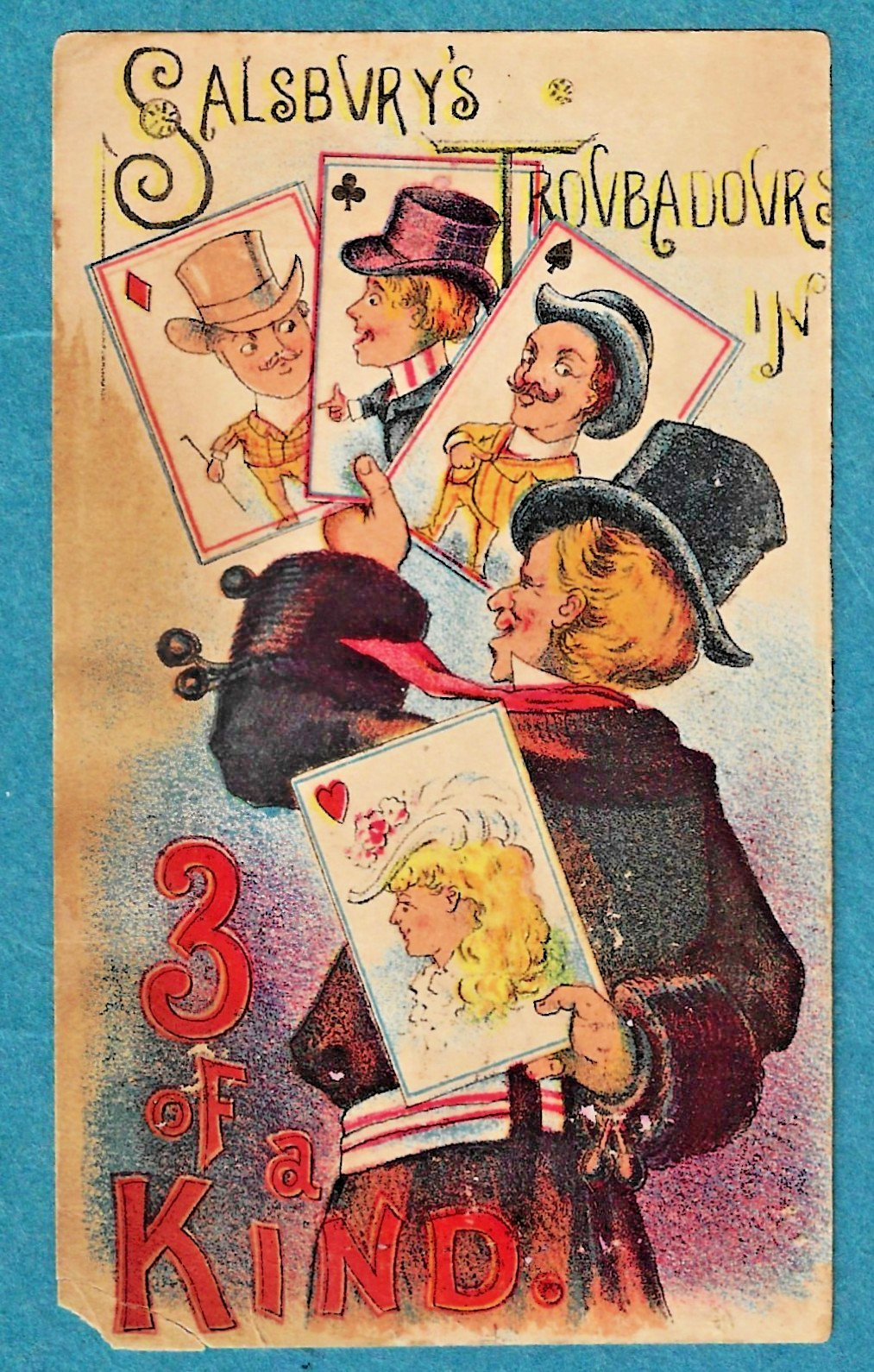 c1880 SALSBURY\'S TROUBADOURS Trade Card ~ Musical Comedy & Farce Troupe ~ Scarce