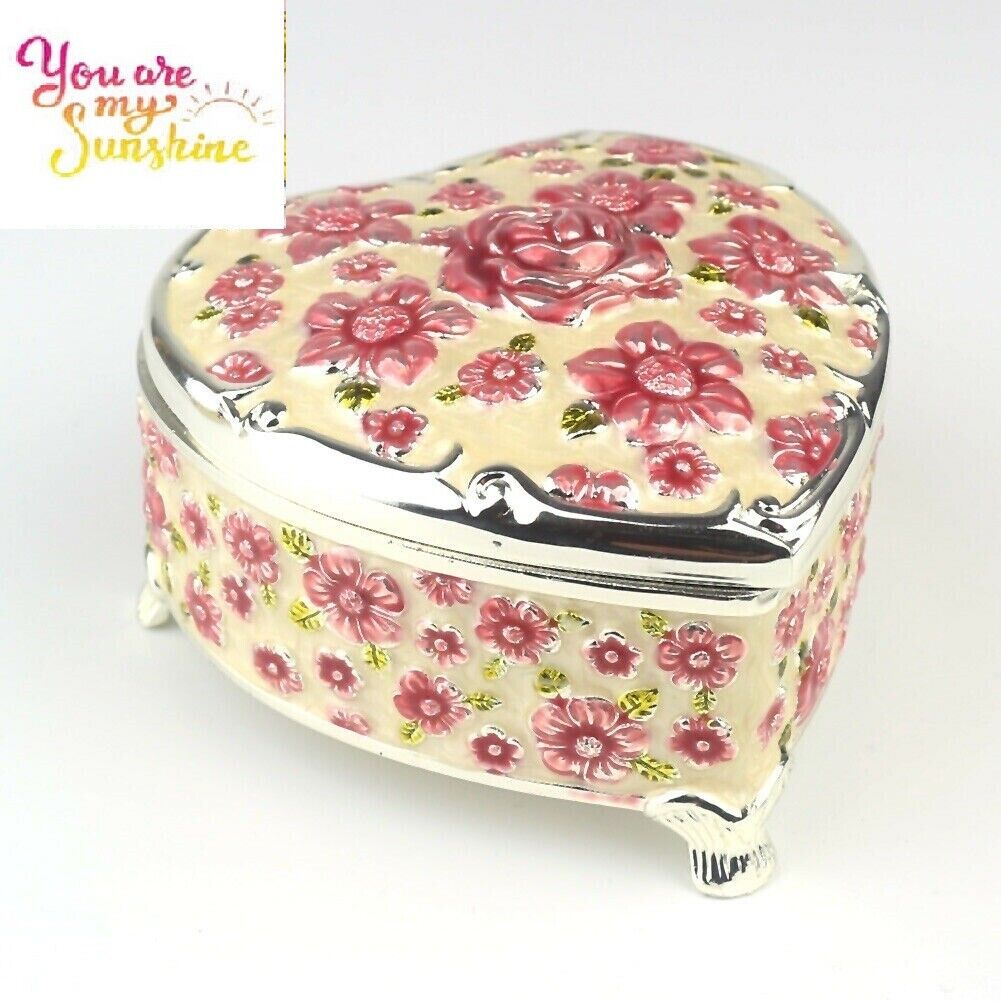 WHITE TIN ALLOY HEART SHAPE WITH PINK ROSE  MUSIC BOX :  YOU ARE MY SUNSHINE