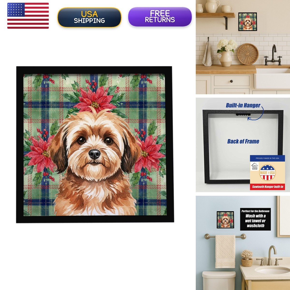 Caroline\'s Treasures Sable Havanese Christmas Poinsettias Framed Metal Print 8X8