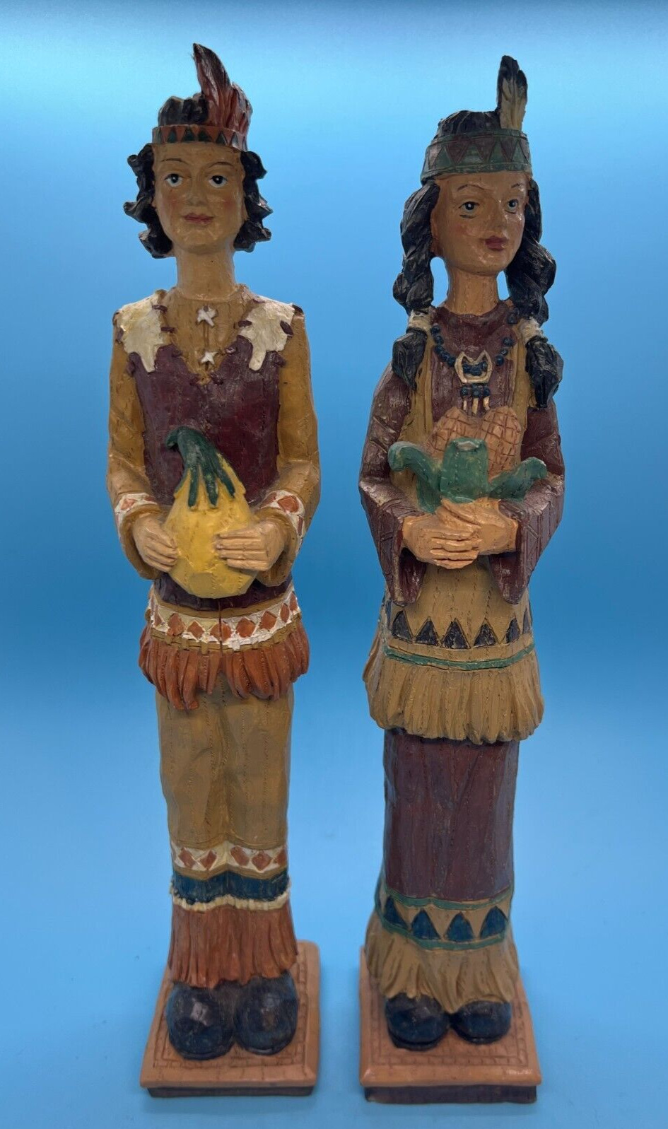 Native American Indian Couple Resin Thanksgiving Harvest Figurines 12\