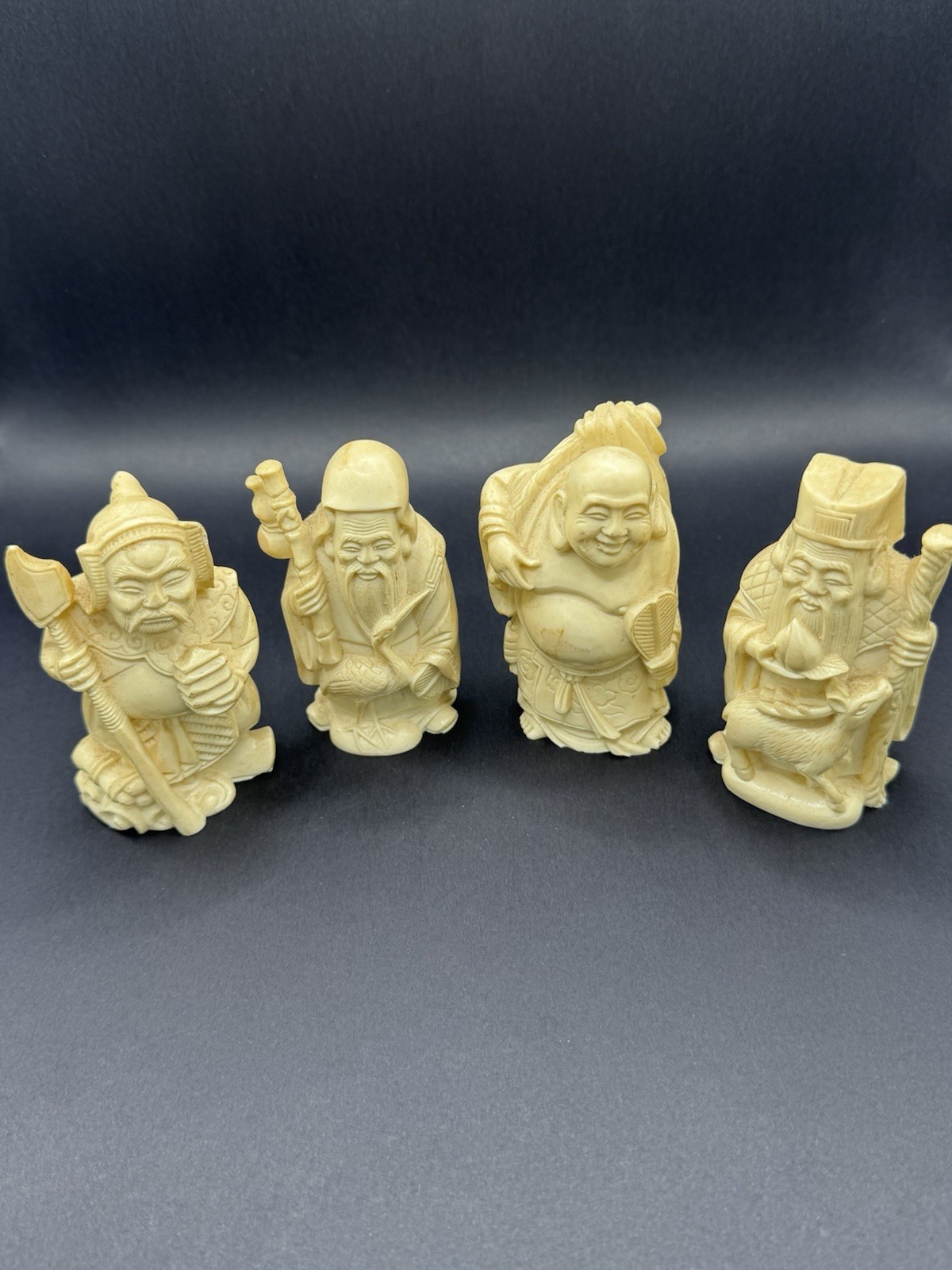 Vintage Chinese Resin Figurine Lot 4 Fu Lu Shou Buddha Ivory Tone Statues Decor Vintage Chinese Resin Figurine Lot 4 Fu Lu Shou Buddha Ivory Tone Statues Decor