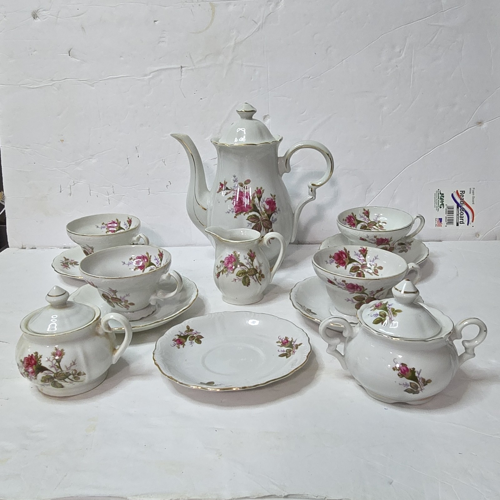 Vintage Moss Rose Design Tea Set w/gold edging, Made In Japan, 13 pc 