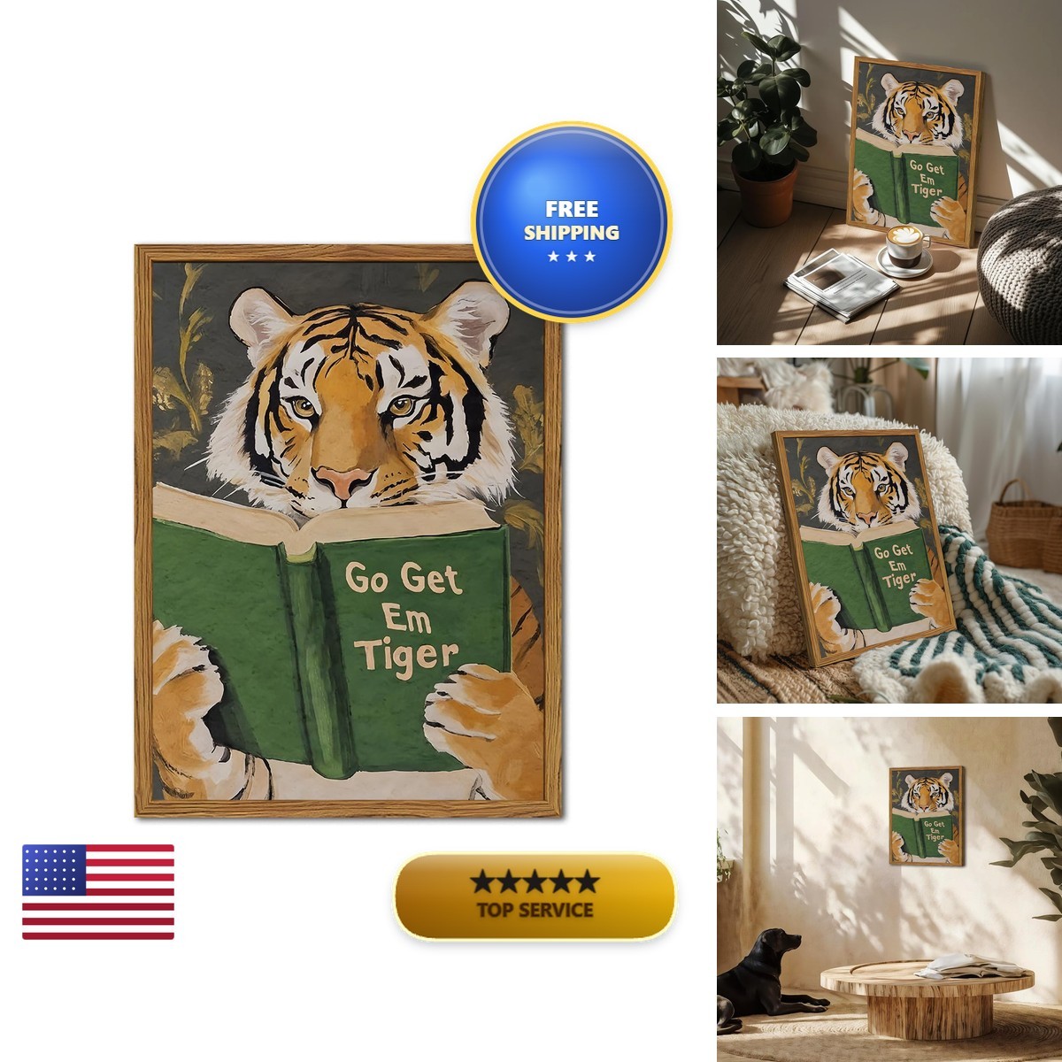Julaydi Framed Funny Tiger Wall Art, Motivational Animal Reading Wall Decor