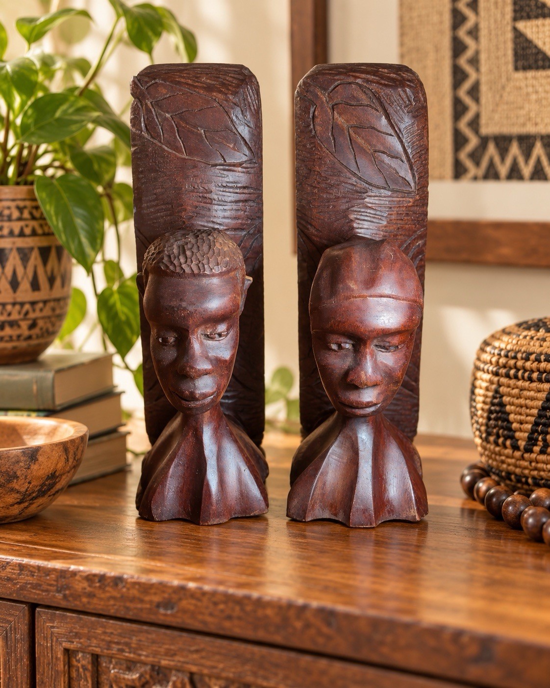 Vintage African Hand Carved Wood Bust Pair Signed Folk Art Sculptures 10.5”