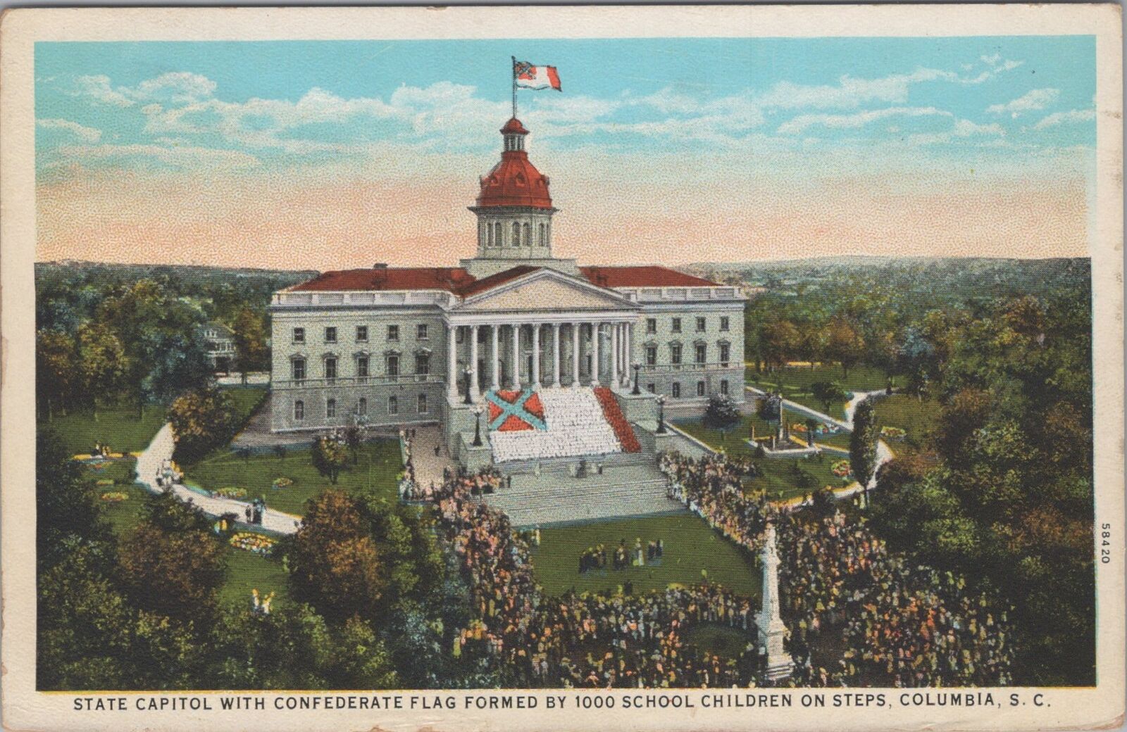 State Capitol Confederate Fl. 1000 Students Columbia S.Carolina 1935 Postcard