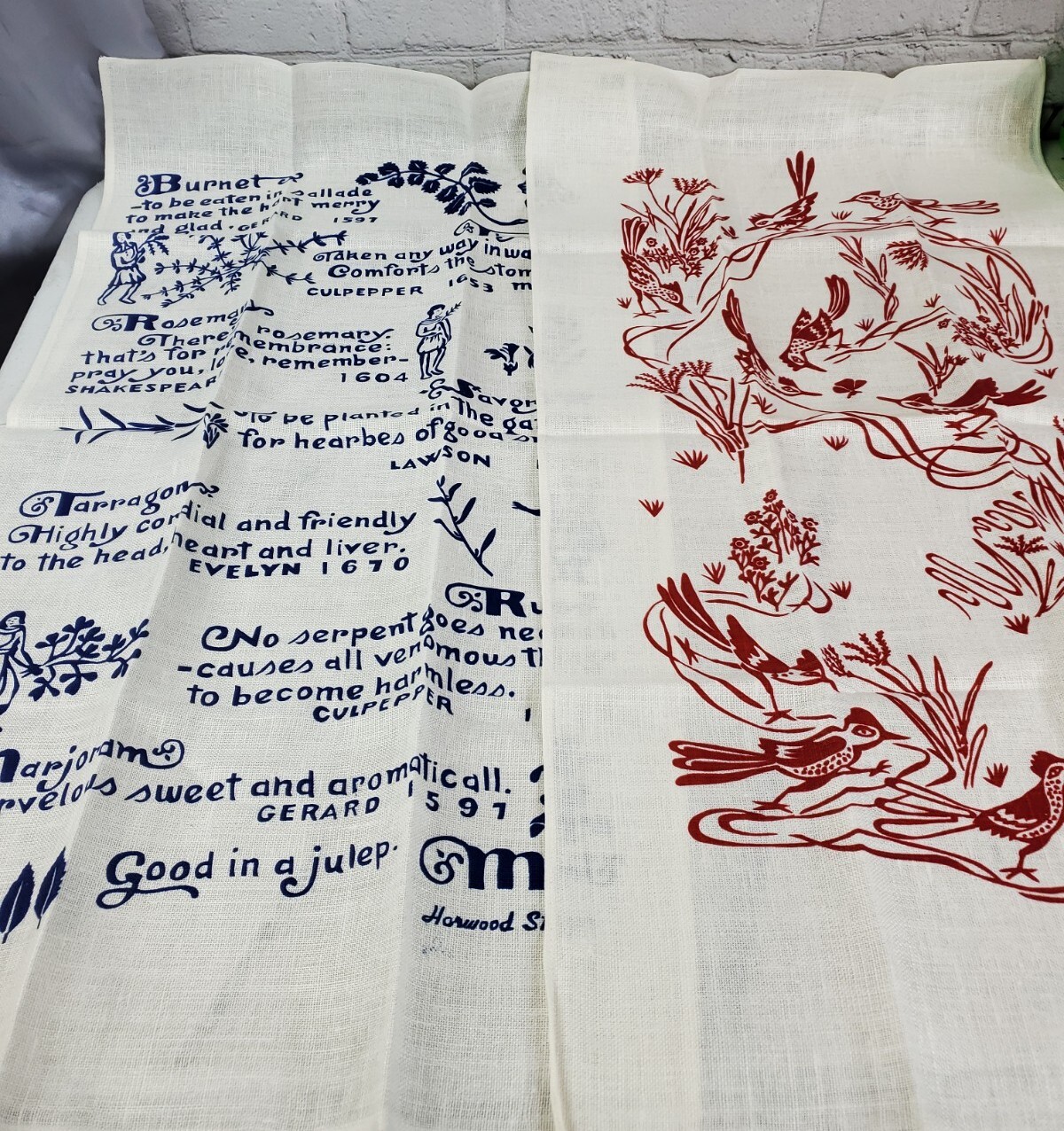 Vintage Harwood Steiger Pair Linen Tea Towels Red Ink Road Runner - Blue Spices