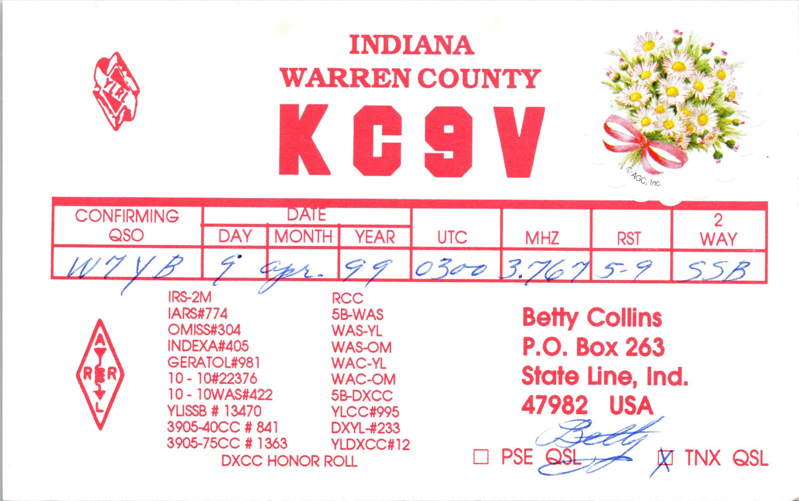 1999 KC9V State Line Indiana Warren County Ham Radio Amateur QSL Card Postcard