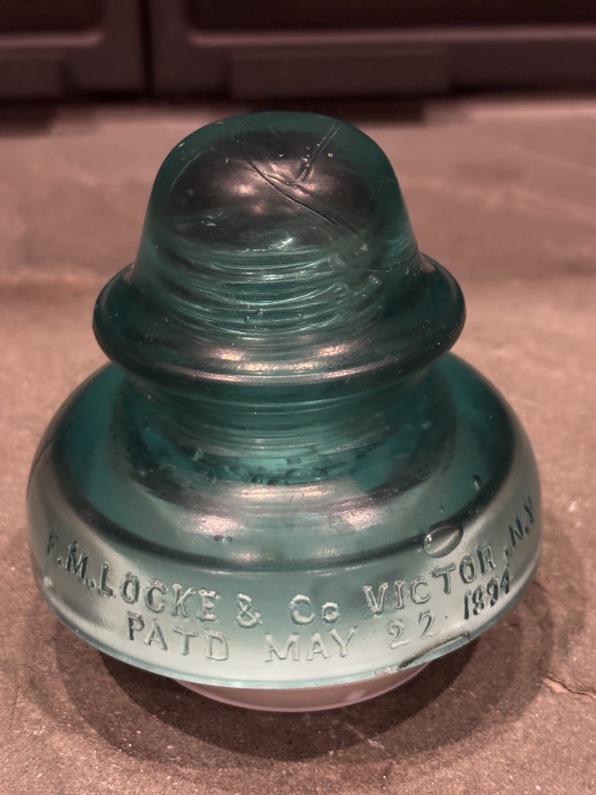 Vintage F.M. Locke & Co. Victor N.Y. / PATD May 22 1894 Ice Aqua Glass Insulator Vintage F.M. Locke & Co. Victor N.Y. / PATD May 22 1894 Ice Aqua Glass Insulator