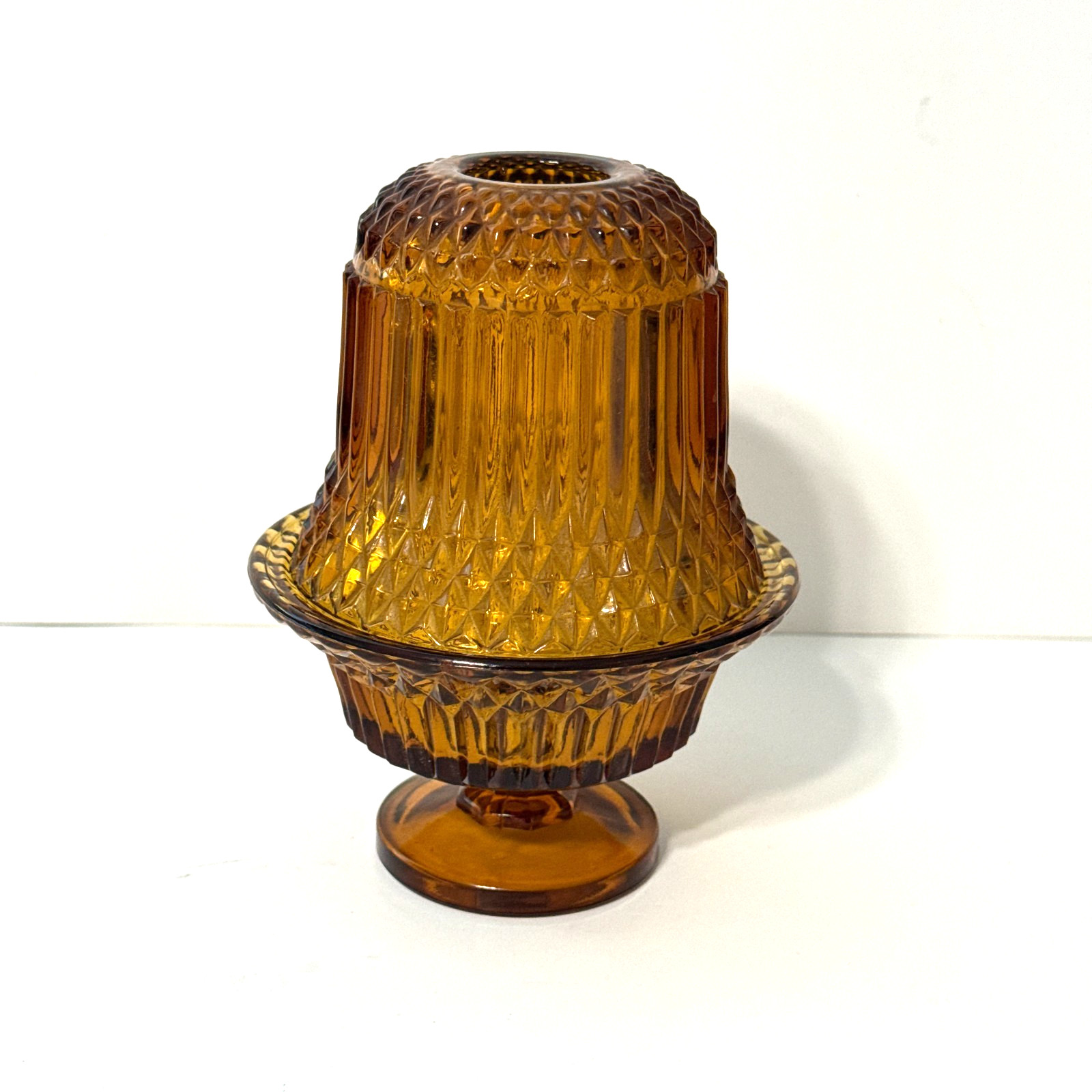 Vintage Indiana Glass Amber Diamond Point Fairy Lamp Pedestal Candle Holder