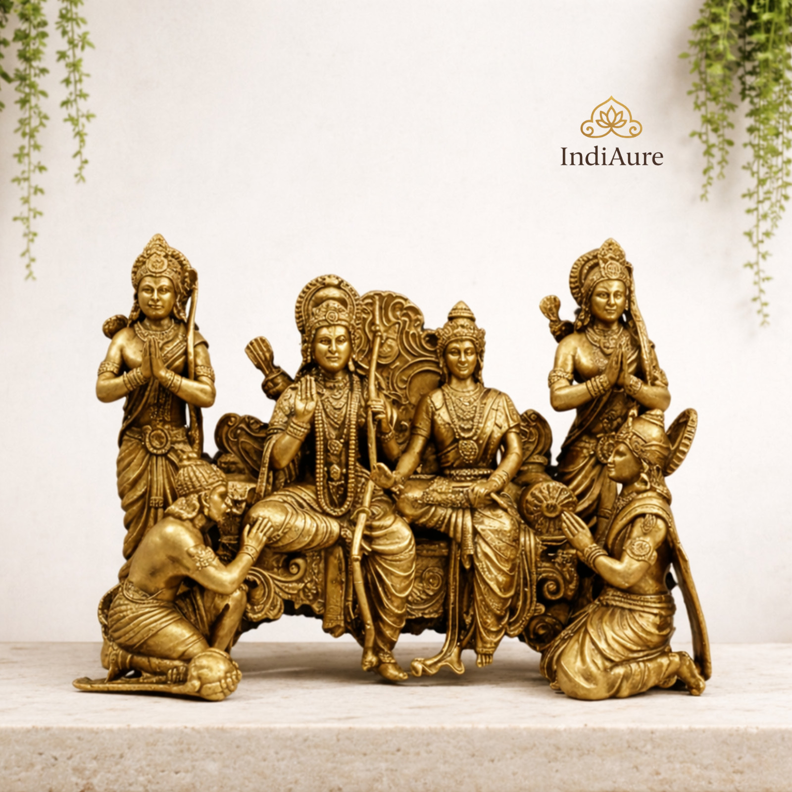 Brass Ram Darbar Idol – Lord Ram Sita Lakshman Hanuman Statue for Home Temple