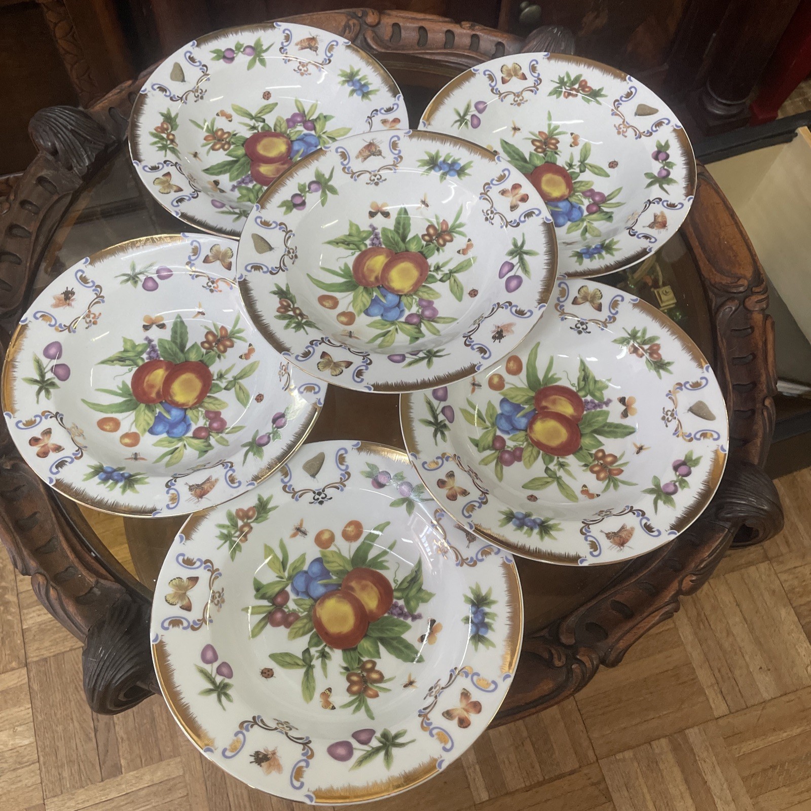 Vintage Godinger Yorkshire Bowls Set 4 Gold Rim Porcelain Butterfly Cottage 8.5”