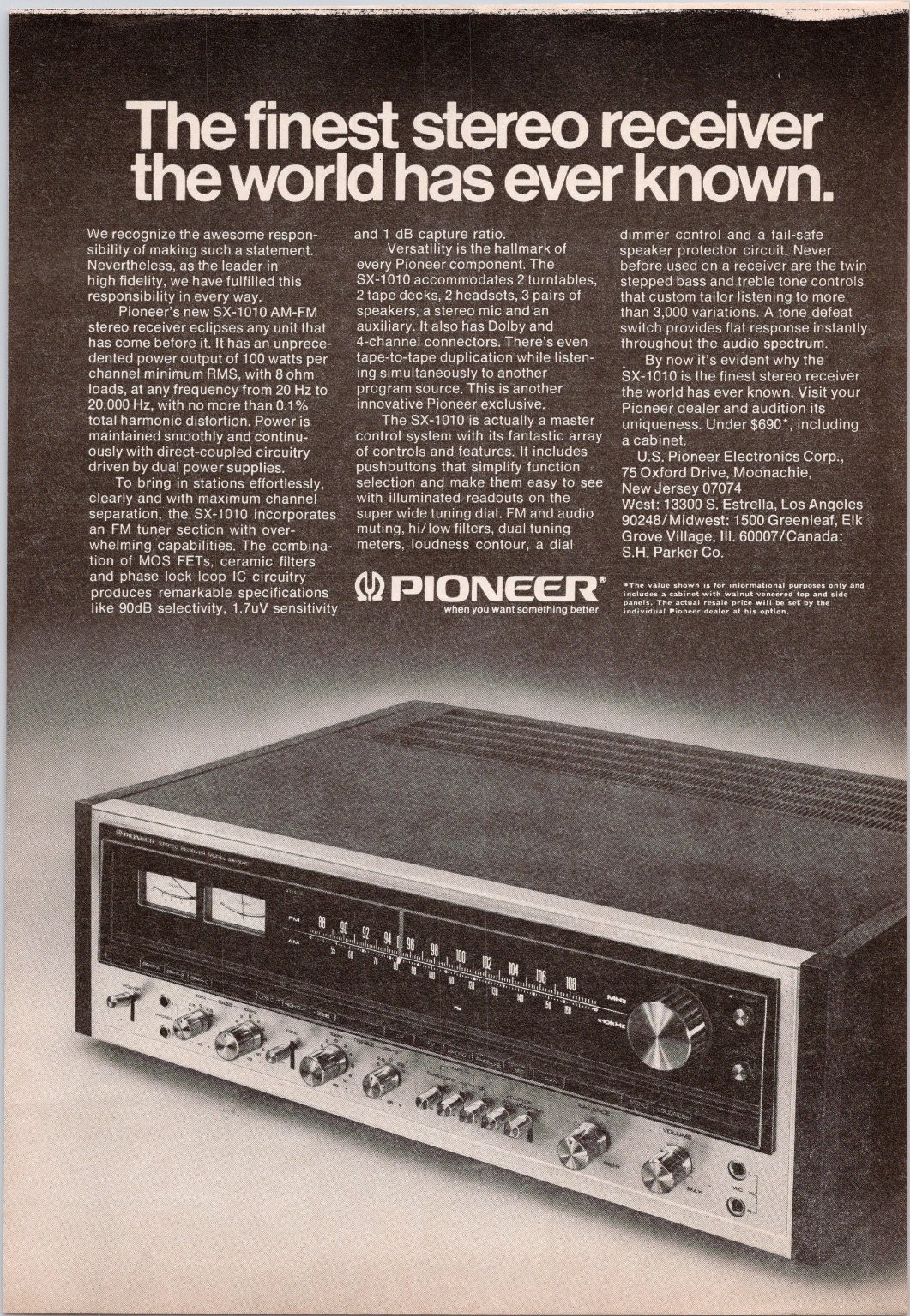 Pioneer SX-1010 Stereo Receiver Vintage 1974 Print Ad