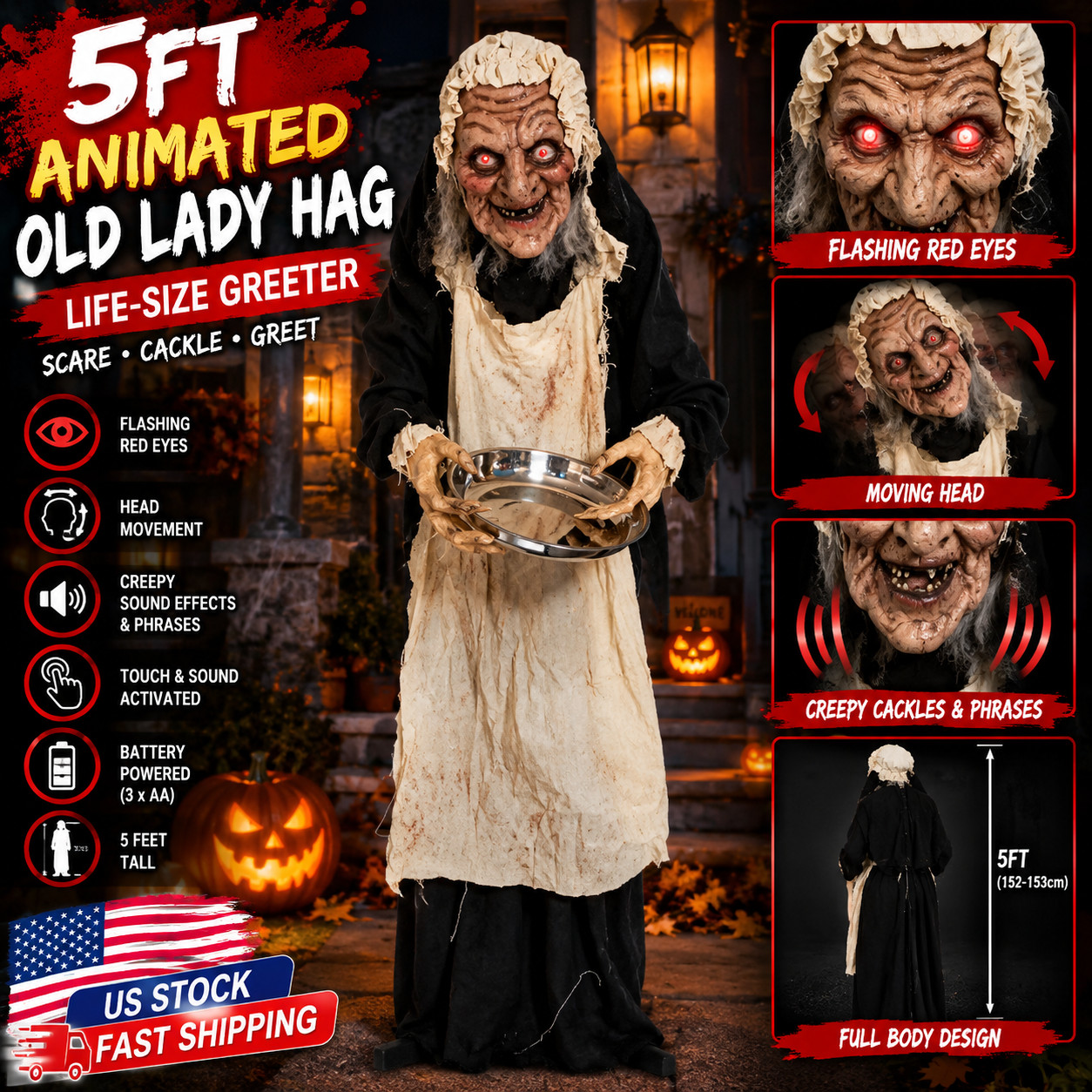 5FT Animated Old Lady Hag Halloween Animatronic Greeter Moving Head Red Eyes
