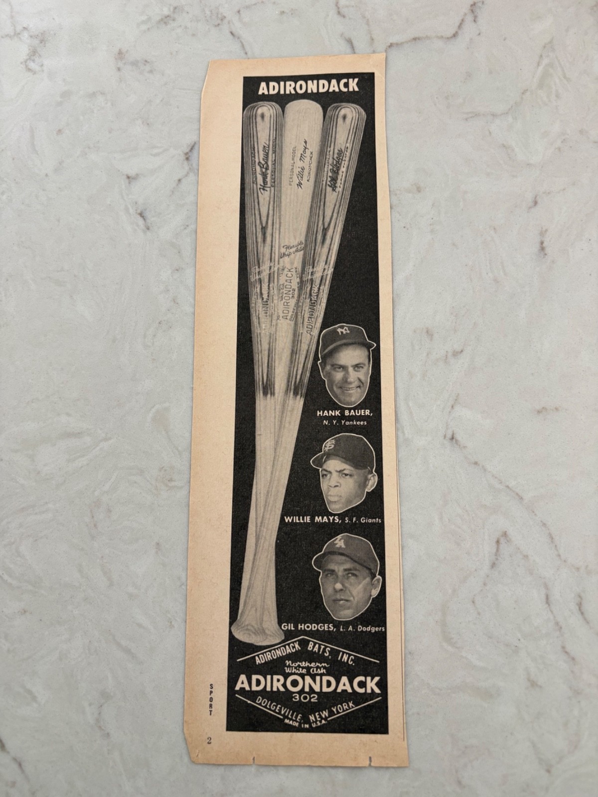 Vintage 1959 Adirondack Bats Ad Magazine Cut Willie Mays Gil Hodges Hank Bauer
