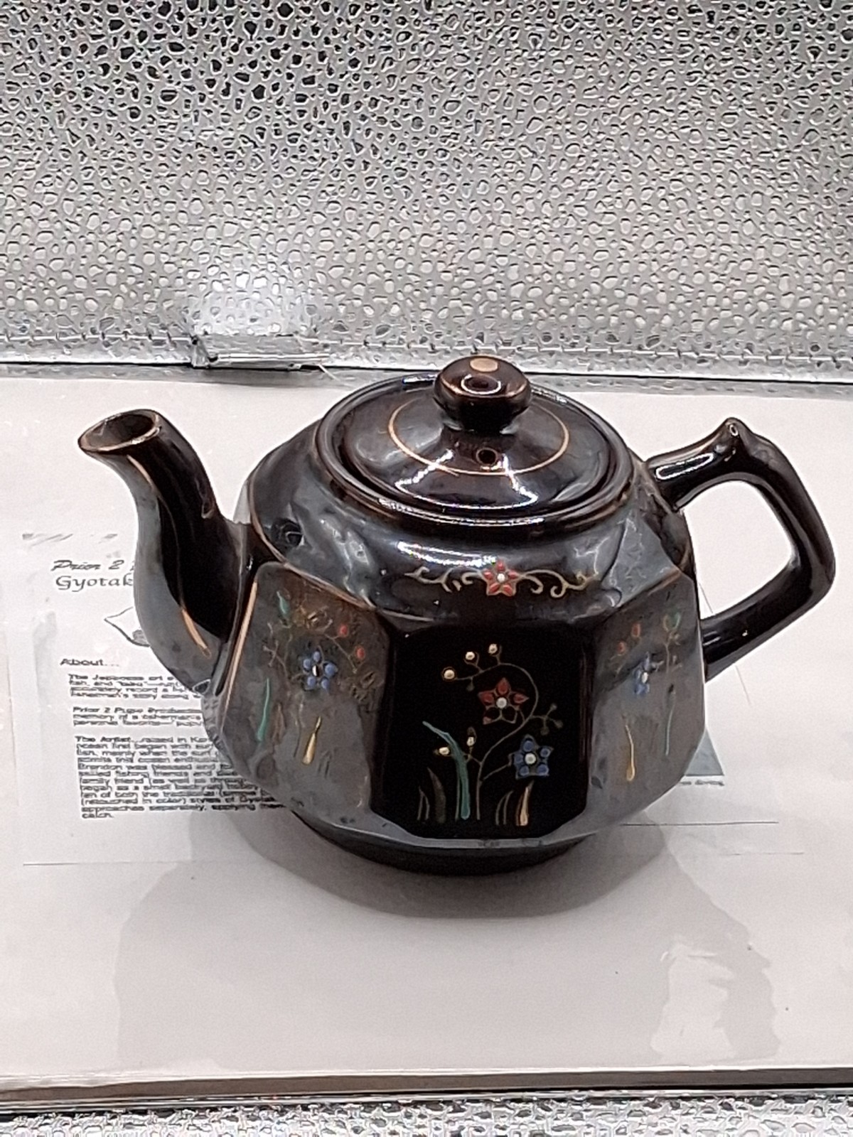Vintage Brown Betty Redware Teapot Moriage Enamel Hand Painted- Made In Japan-