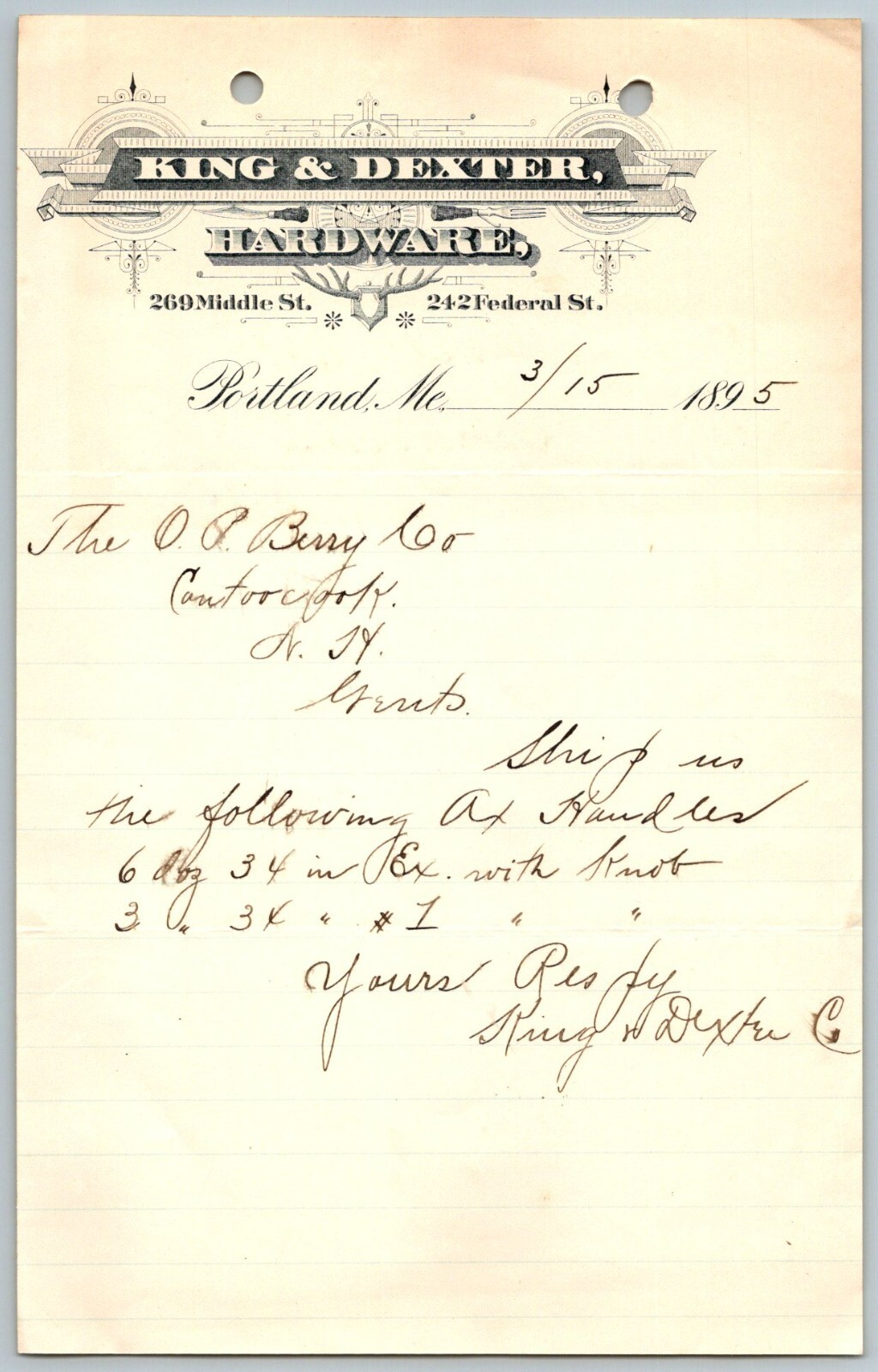 1895 Portland Maine King & Dexter Hardware Receipt 9 1895 Portland Maine King & Dexter Hardware Receipt 9