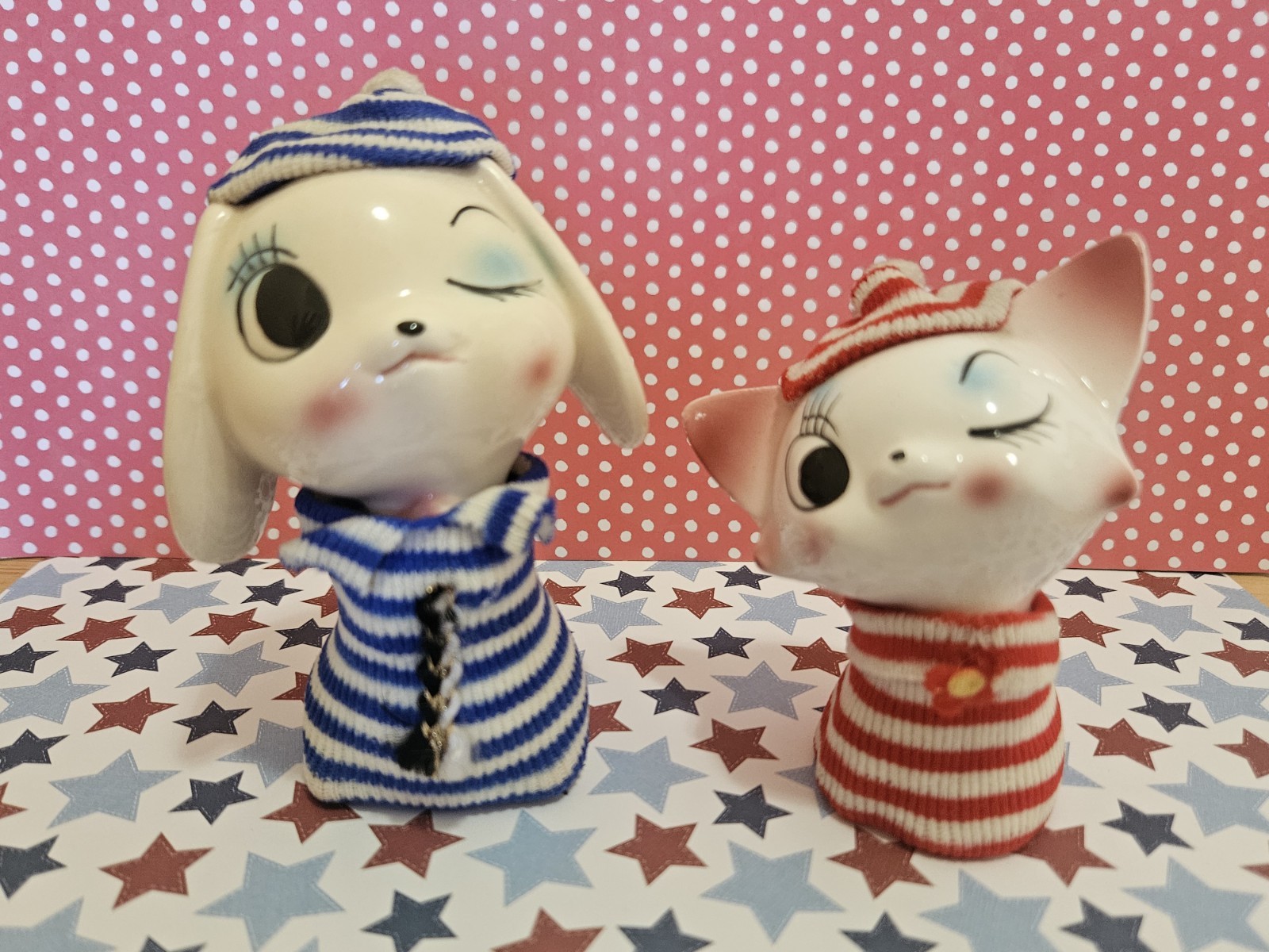 vintage kitsch ceramic dog figurines Sweeter with big winking eyes