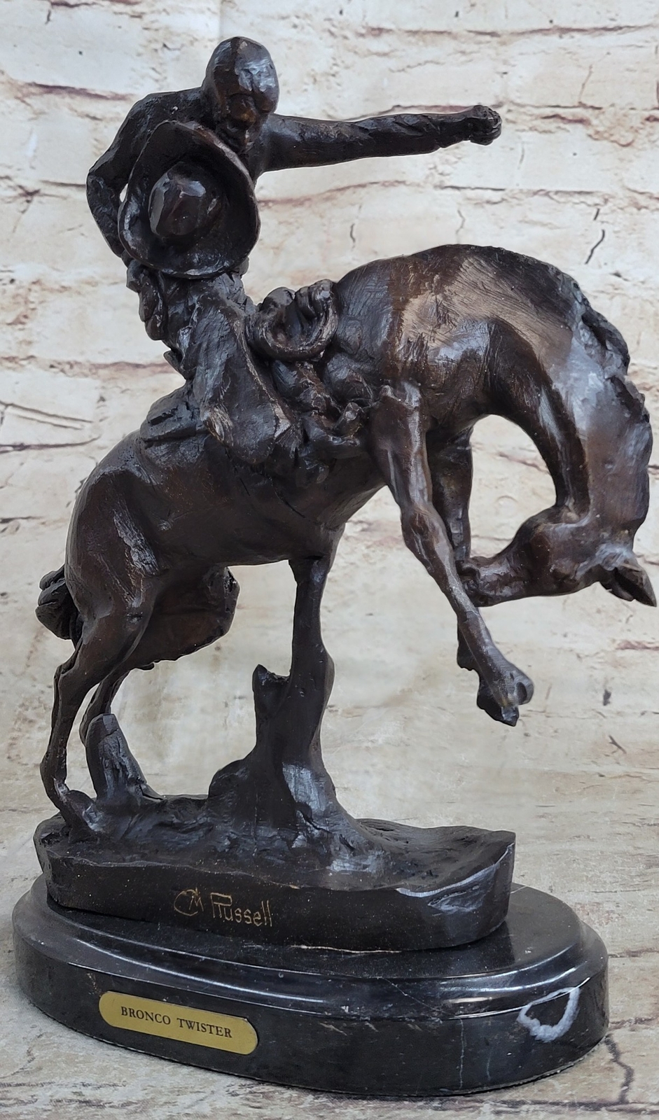 Charles Russelle Seasoned Cowboy Rodeo Bronco Horse Western Marble Sculpture Art