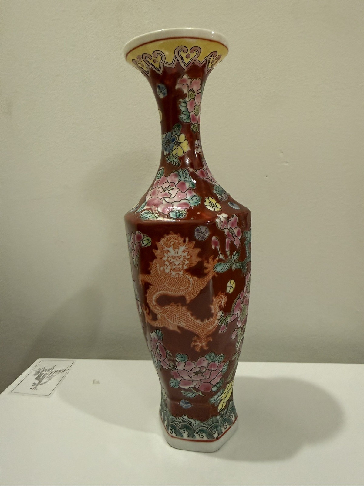 Vintage Chinese Coral Red Hexagonal Porcelain Vase Dragon Floral Qianlong Mark