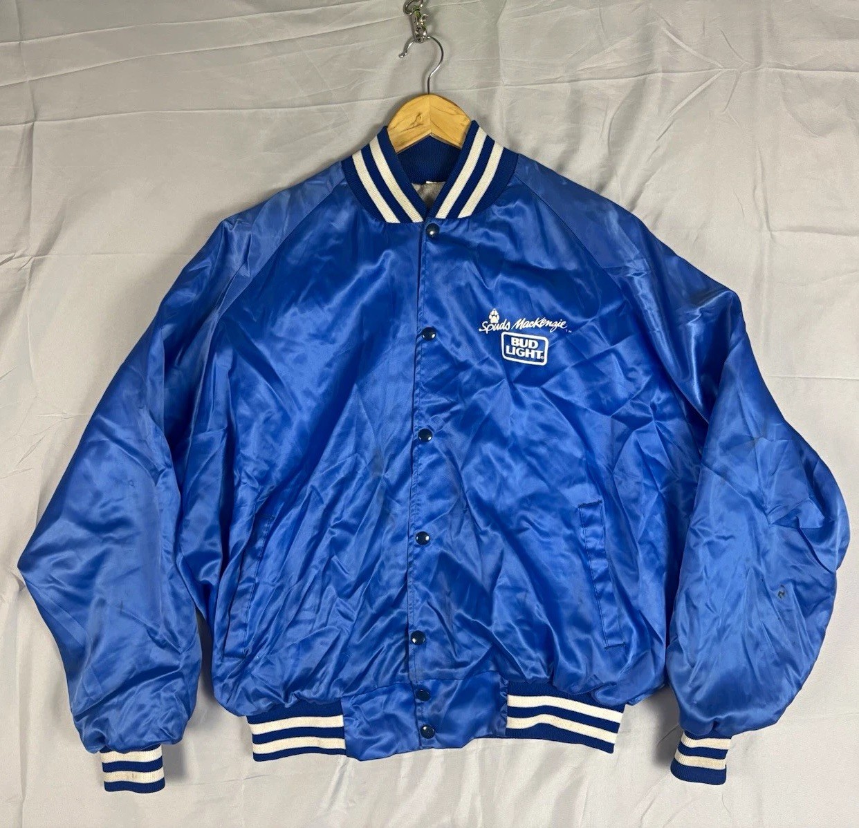 Vtg 1987 Spuds Mackenzie Bud Light Satin Bomber Jacket Blue Promo Mens L XL
