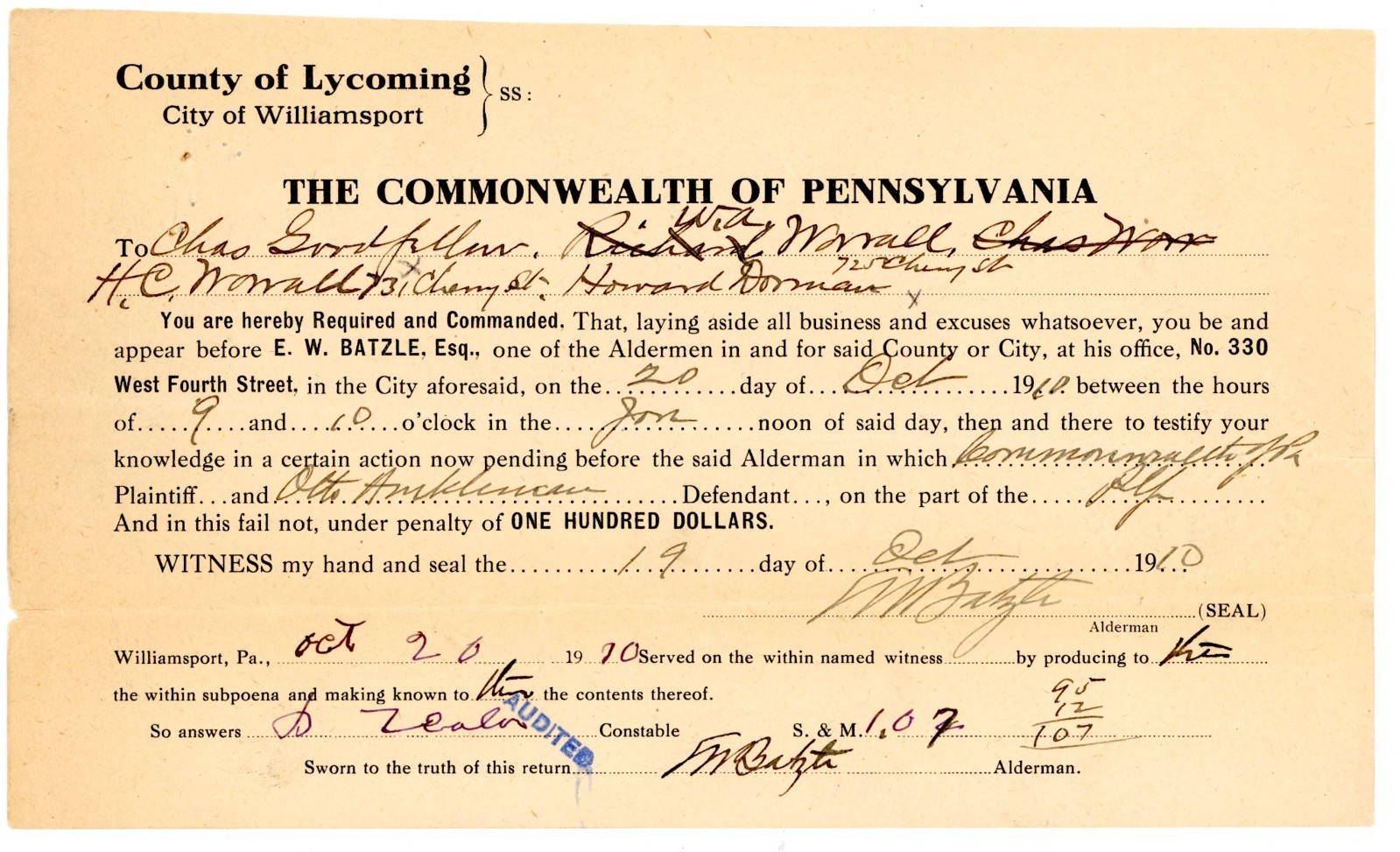 1910 Williamsport PA Subpoena Testify Chas Gottschall H.C. McNail Antique Signed