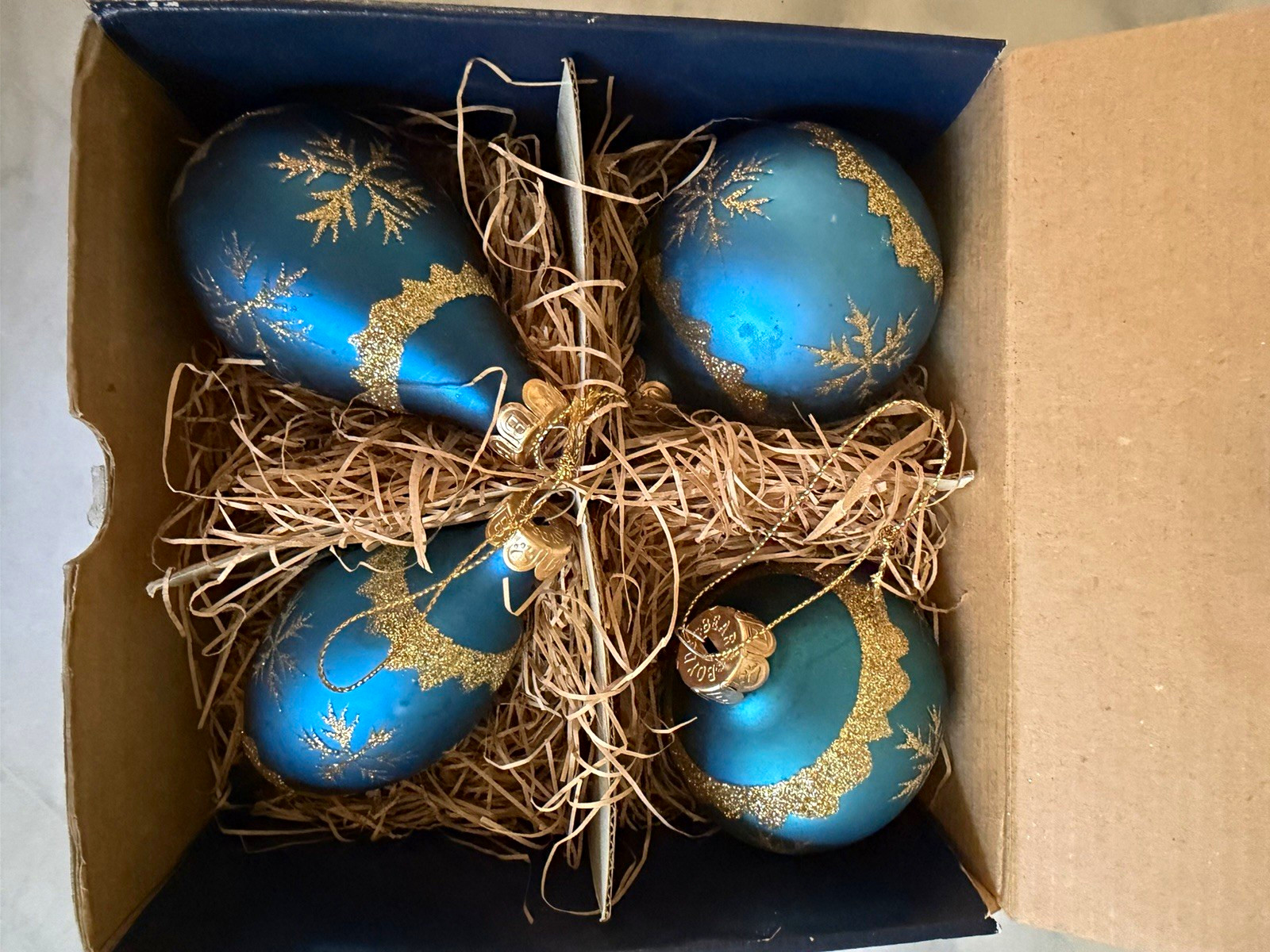 Boyds Bears Glass Smith Blue Gold Snowflake Christmas Ornaments Set of 4