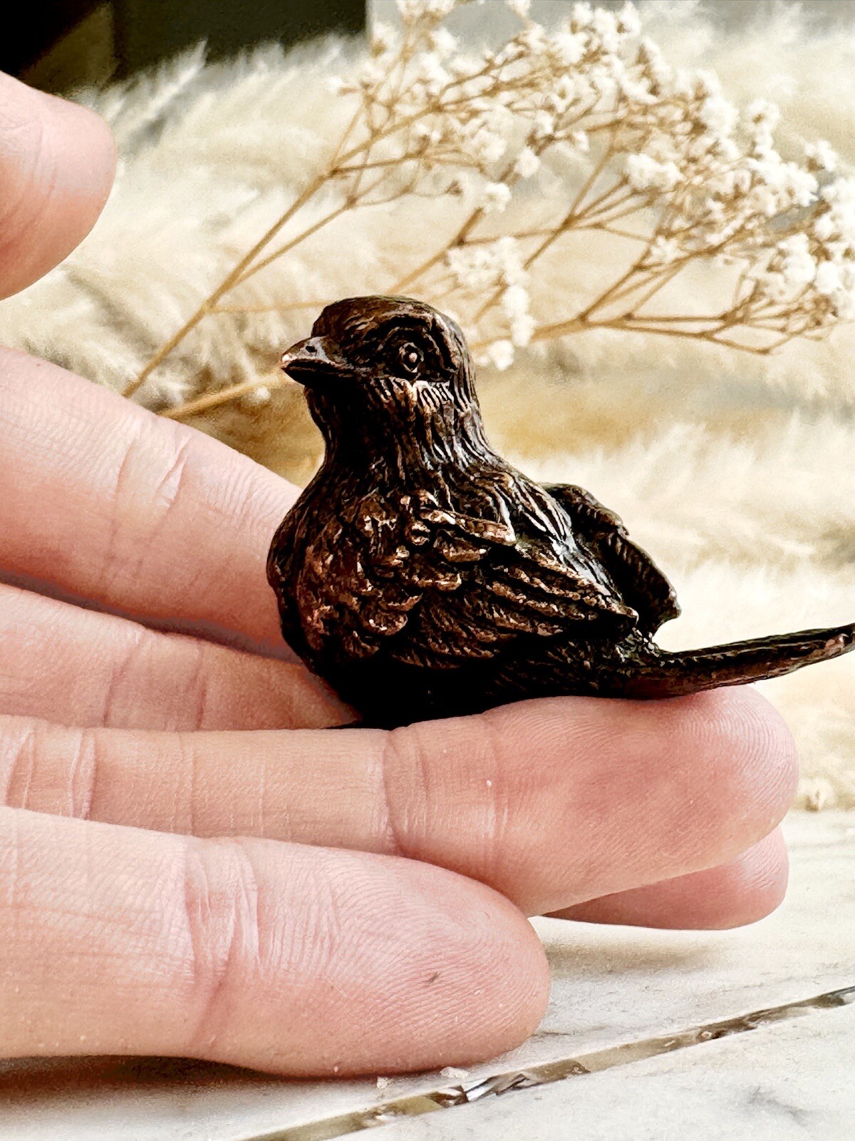 Adorable lifelike bronze little chick birds statue, metal birdie figurine